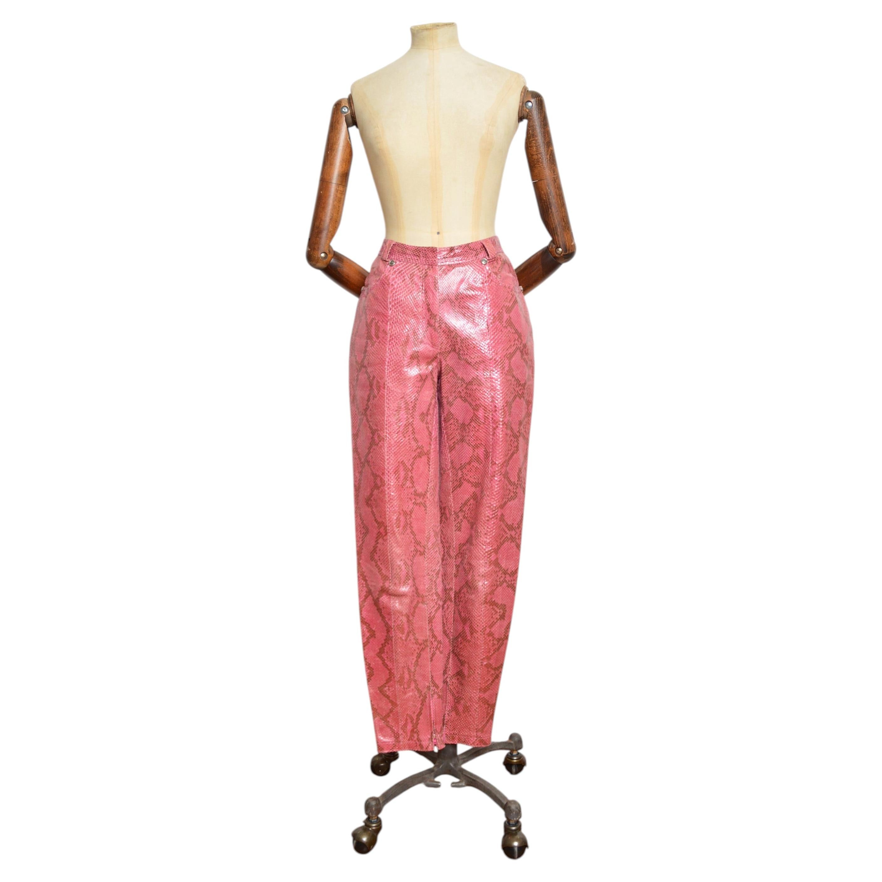 F/W 1994 GIANNI VERSACE COUTURE Runway Pink Python Snake Skin Trousers Pants 27" For Sale