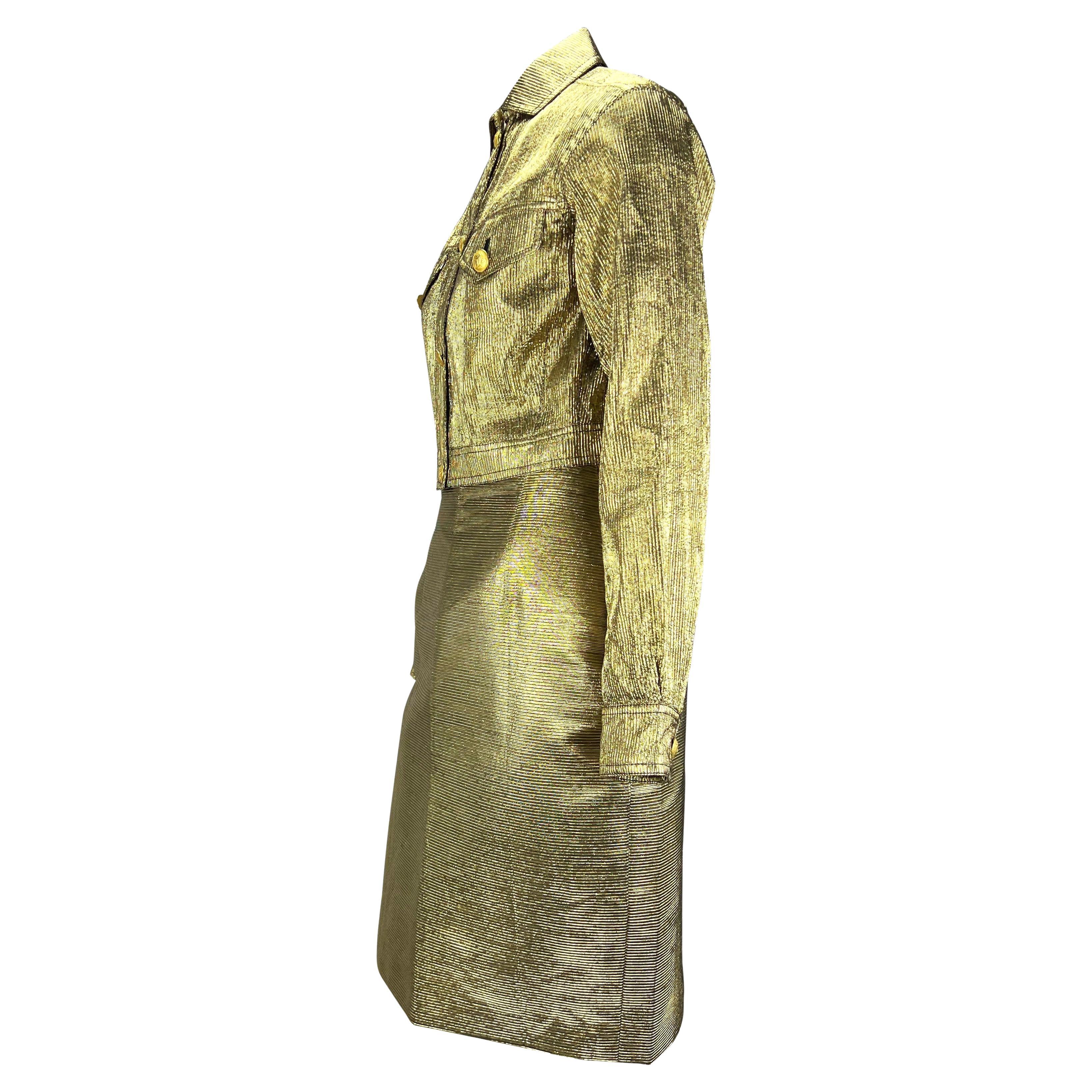 F/W 1994 Gianni Versace Falda de Medusa de Lurex acanalada dorada Conjunto de chaqueta recortada Marrón en venta