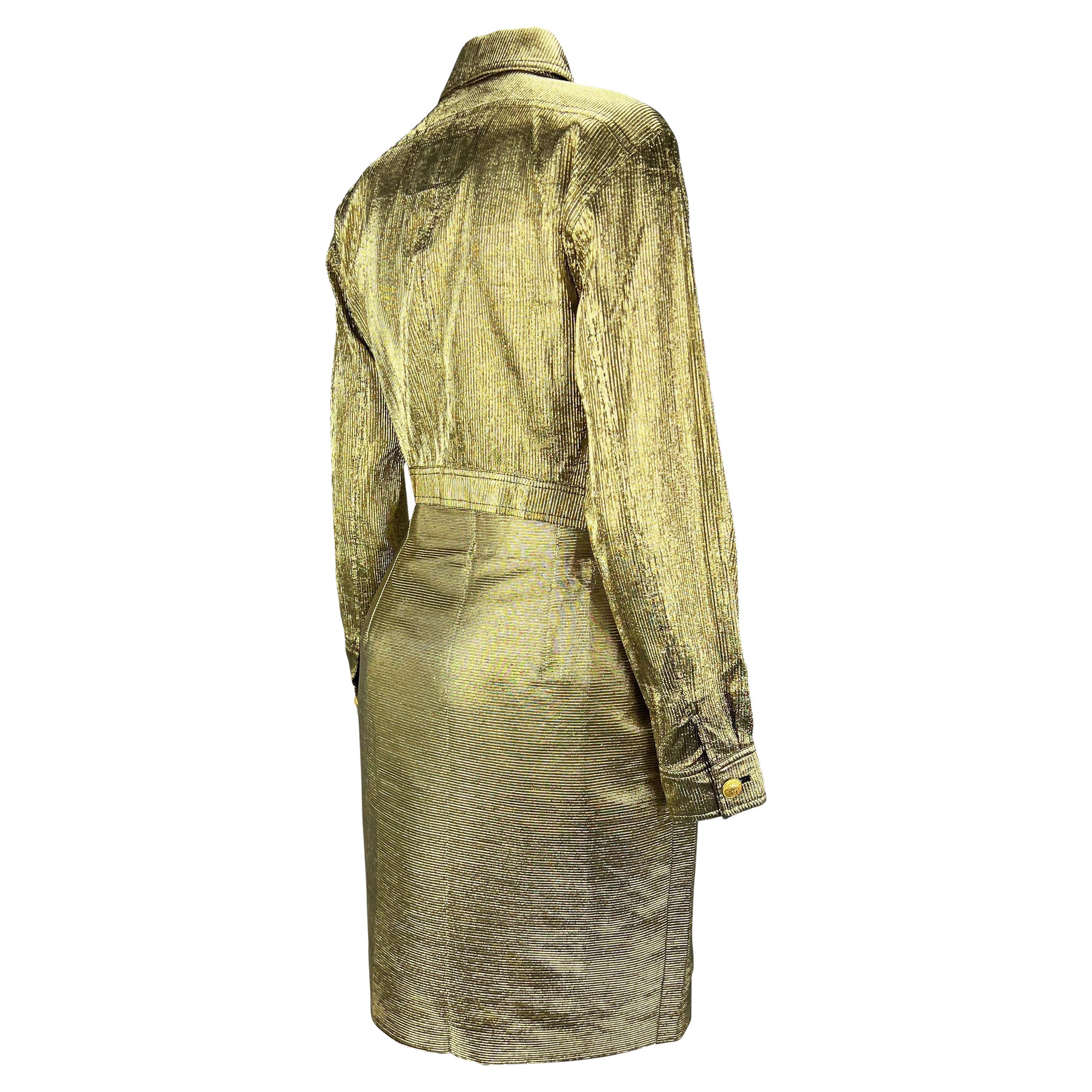 Women's F/W 1994 Gianni Versace Gold Ribbed Lurex Medusa Skirt Cropped Jacket Set For Sale