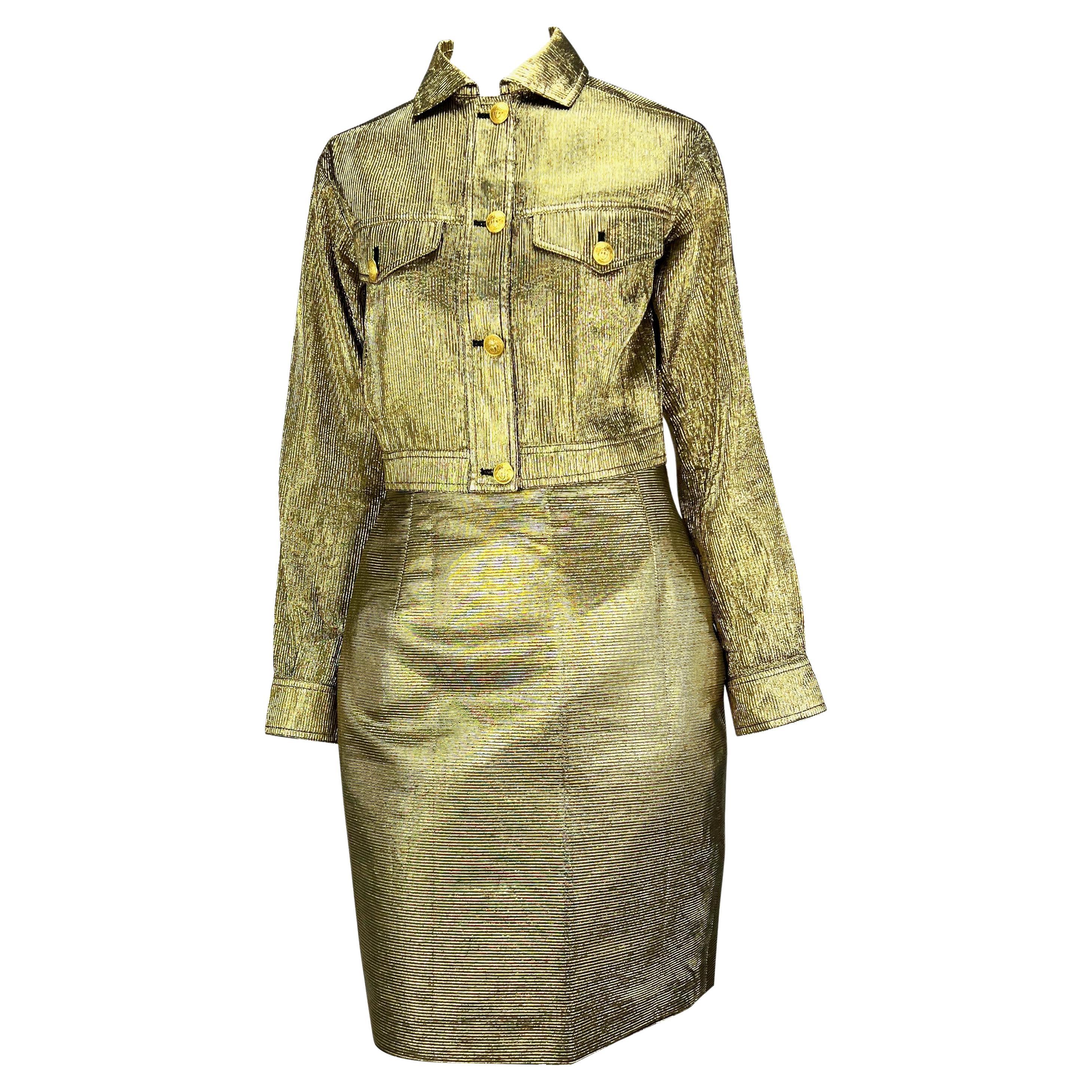 F/W 1994 Gianni Versace Gold Ribbed Lurex Medusa Skirt Cropped Jacket Set For Sale