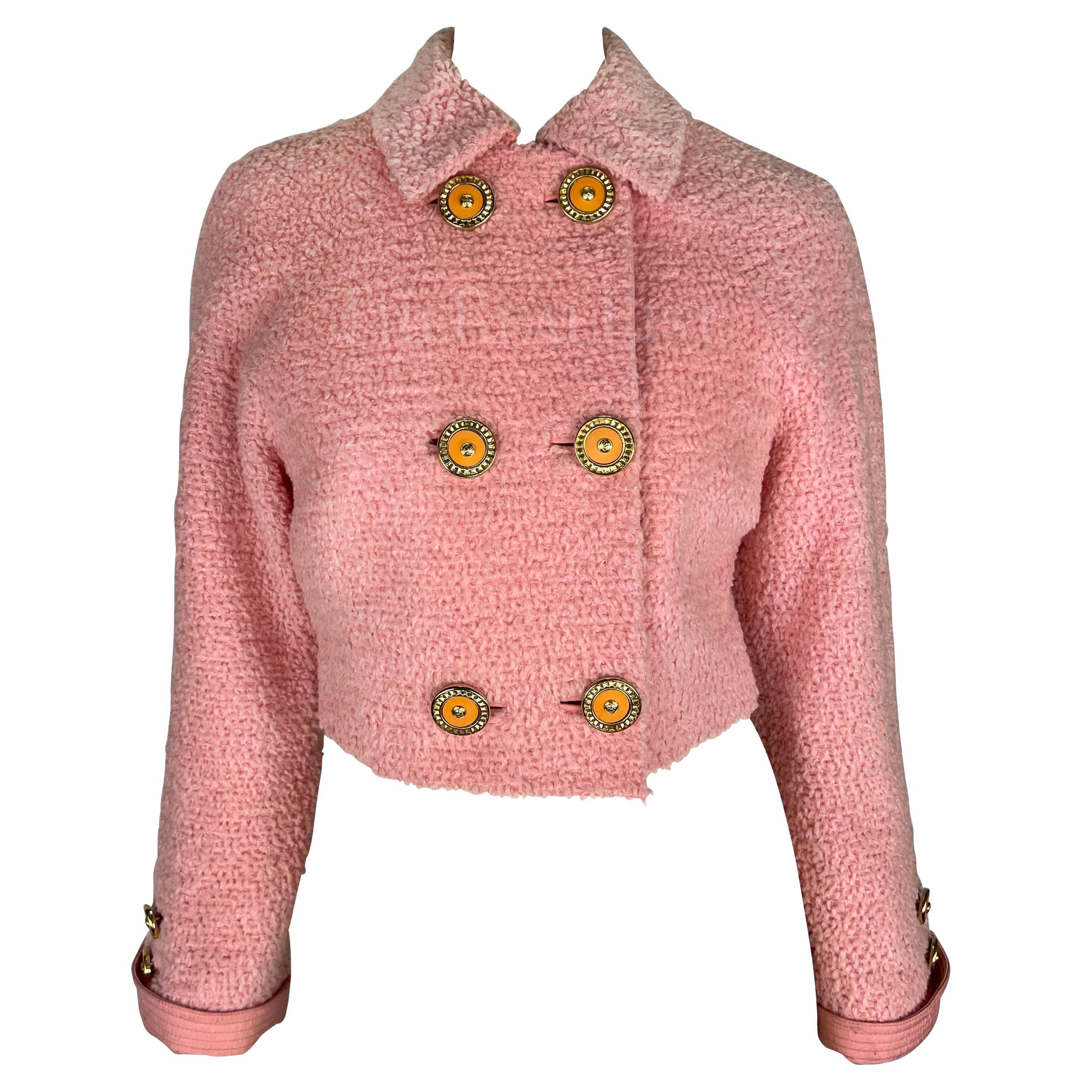 F/W 1994 Gianni Versace Light Pink Tweed Cropped Double Breasted Runway Jacket For Sale