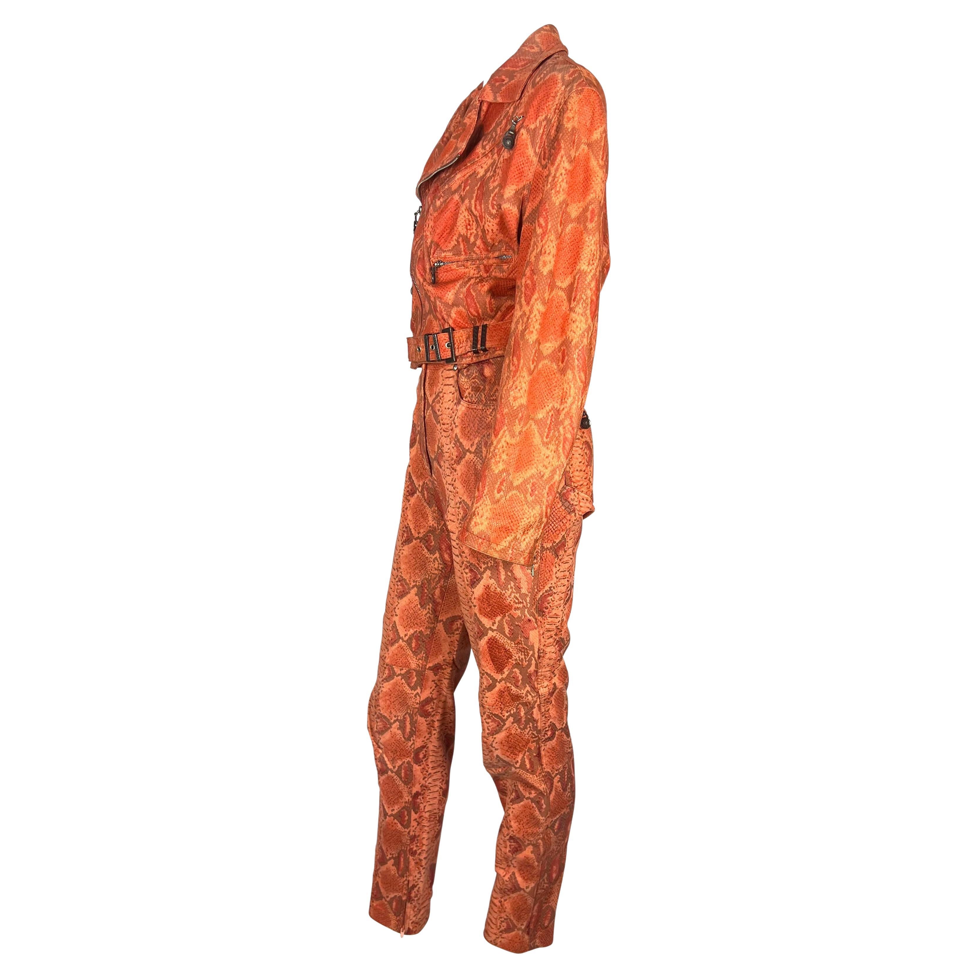 F/W 1994 Gianni Versace Orange Red Faux Snakeskin Medusa Biker Jacket Pant Set In Good Condition For Sale In West Hollywood, CA