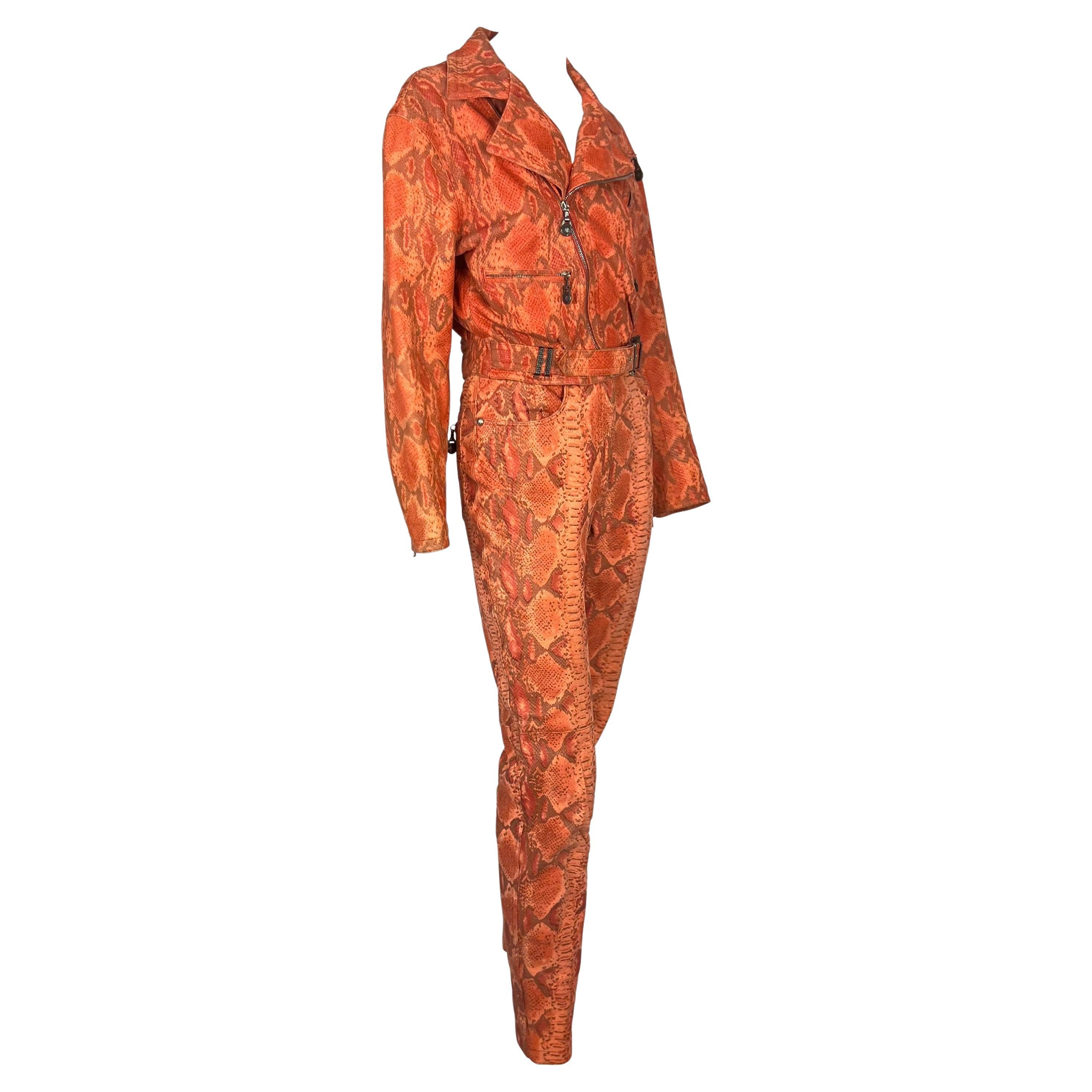 F/W 1994 Gianni Versace Orange Red Faux Snakeskin Medusa Biker Jacket Pant Set For Sale 2