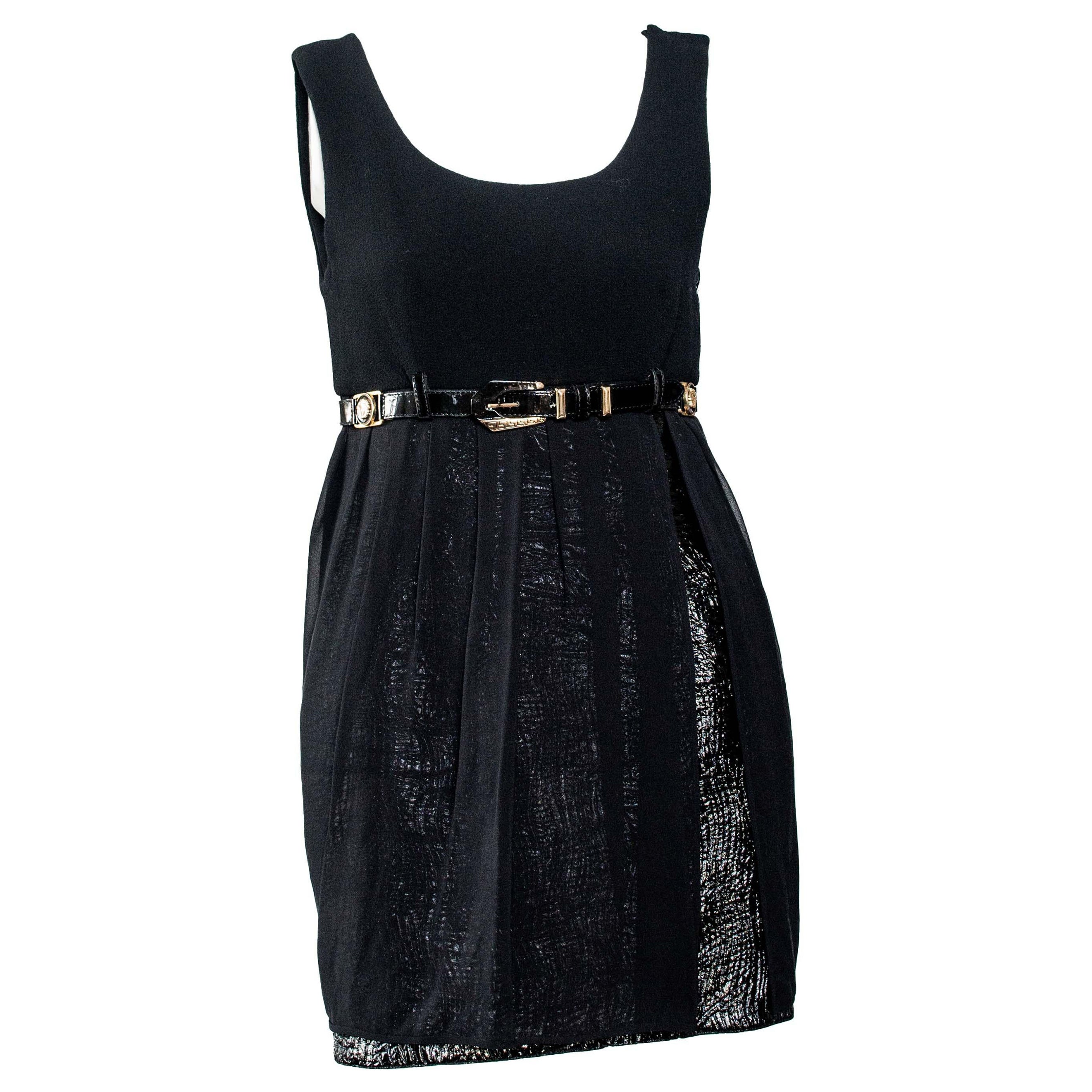 F/W 1994 Gianni Versace Patent Leather and Chiffon Mini Dress with Medusa Belt For Sale