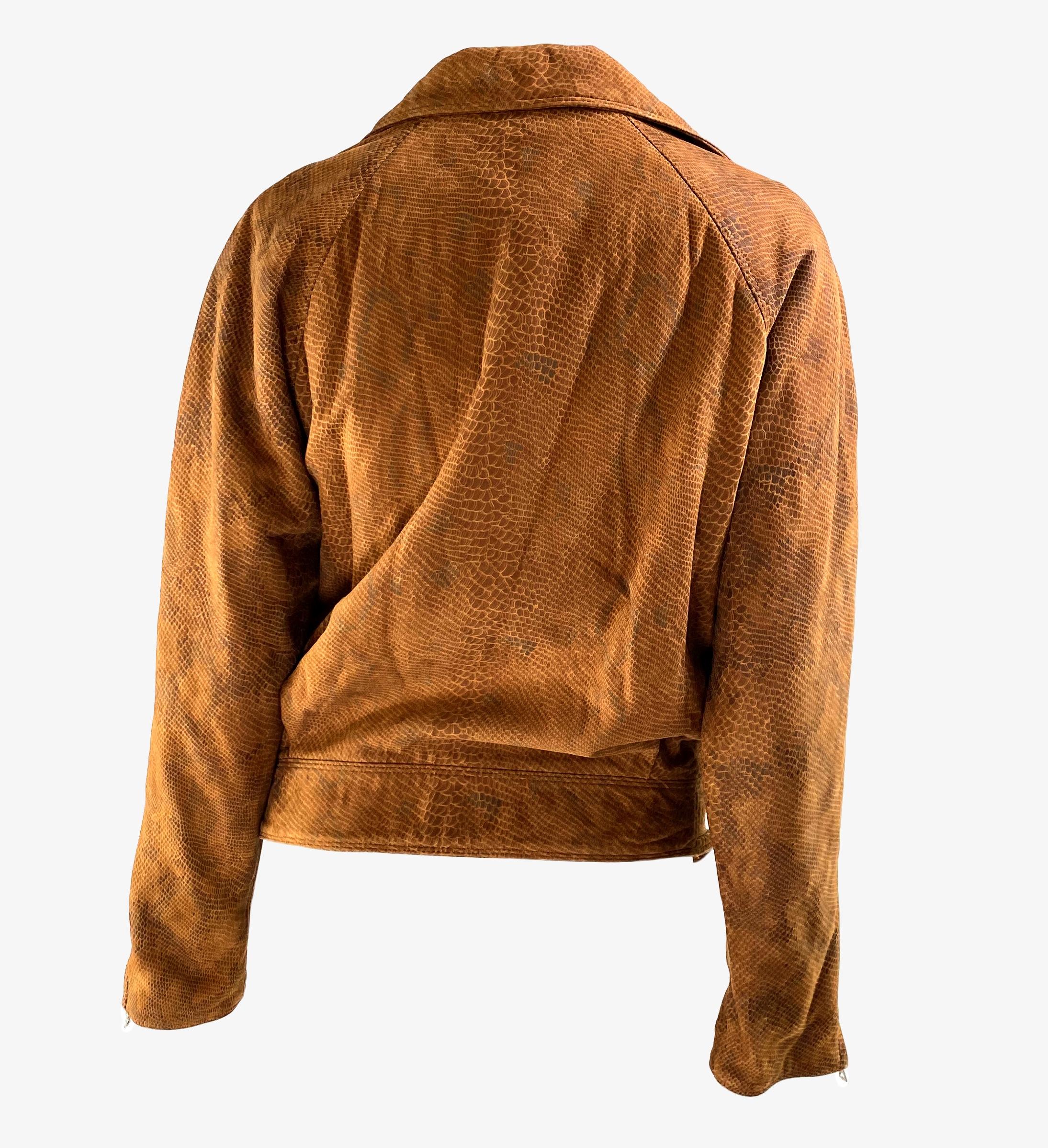 F/W 1994 Gianni Versace Python Print Brown Suede Medusa Zip Biker Jacket Pour femmes en vente
