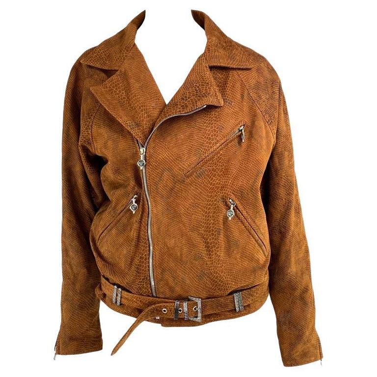 F/W 1994 Gianni Versace Python Print Brown Suede Medusa Zip Biker 