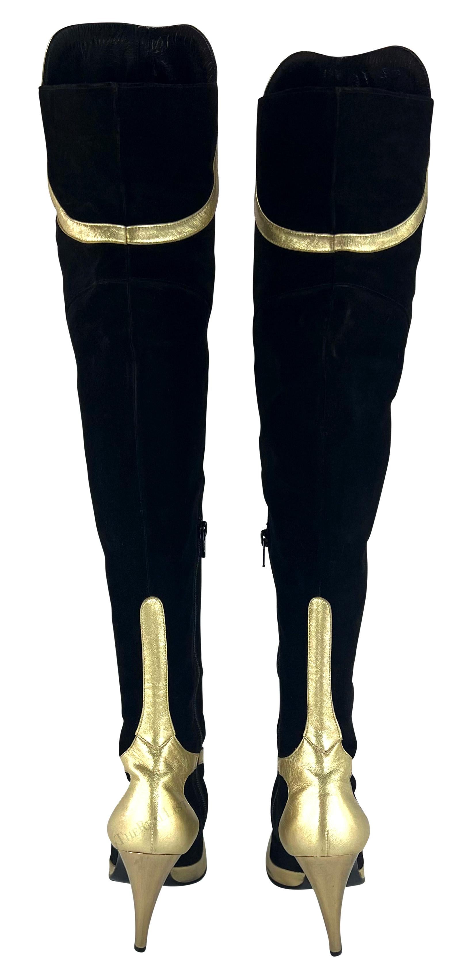 F/W 1994 Gianni Versace Runway Ad Black Suede Gold Leather Heel Boots Size 38 For Sale 6