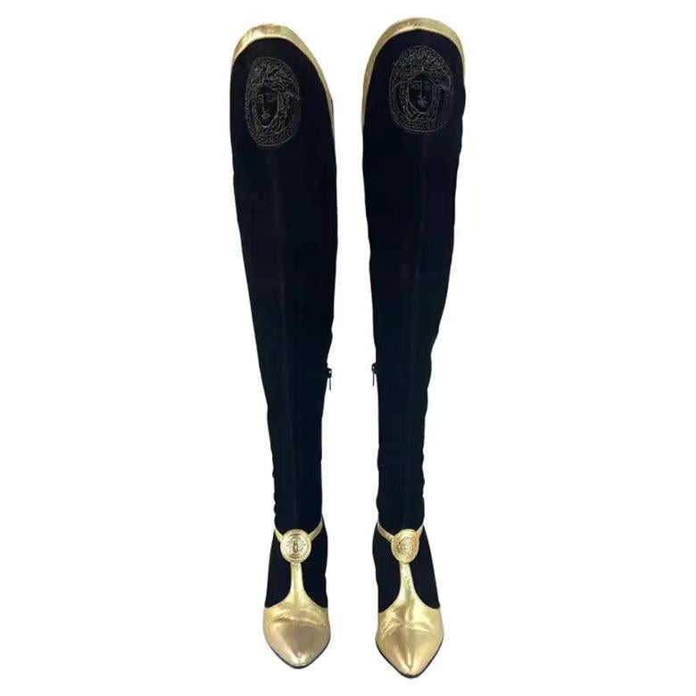 H/W 1994 Gianni Versace Laufsteg Ad Schwarz Wildleder Gold Leder Heel Stiefel Größe 38