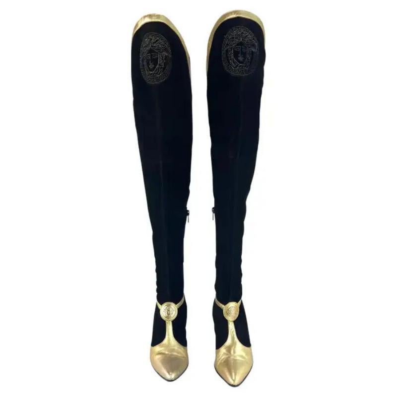 F/W 1994 Gianni Versace Runway Ad Noir Suede Gold Leather Heel Boots Size 38