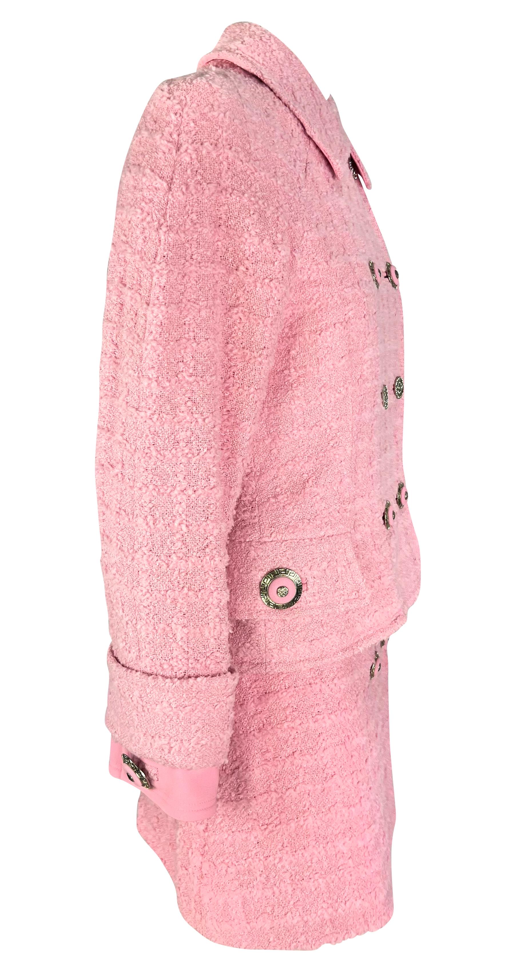 F/W 1994 Gianni Versace Runway Ad Pink Tweed Rhinestone Medusa Skirt Suit For Sale 6