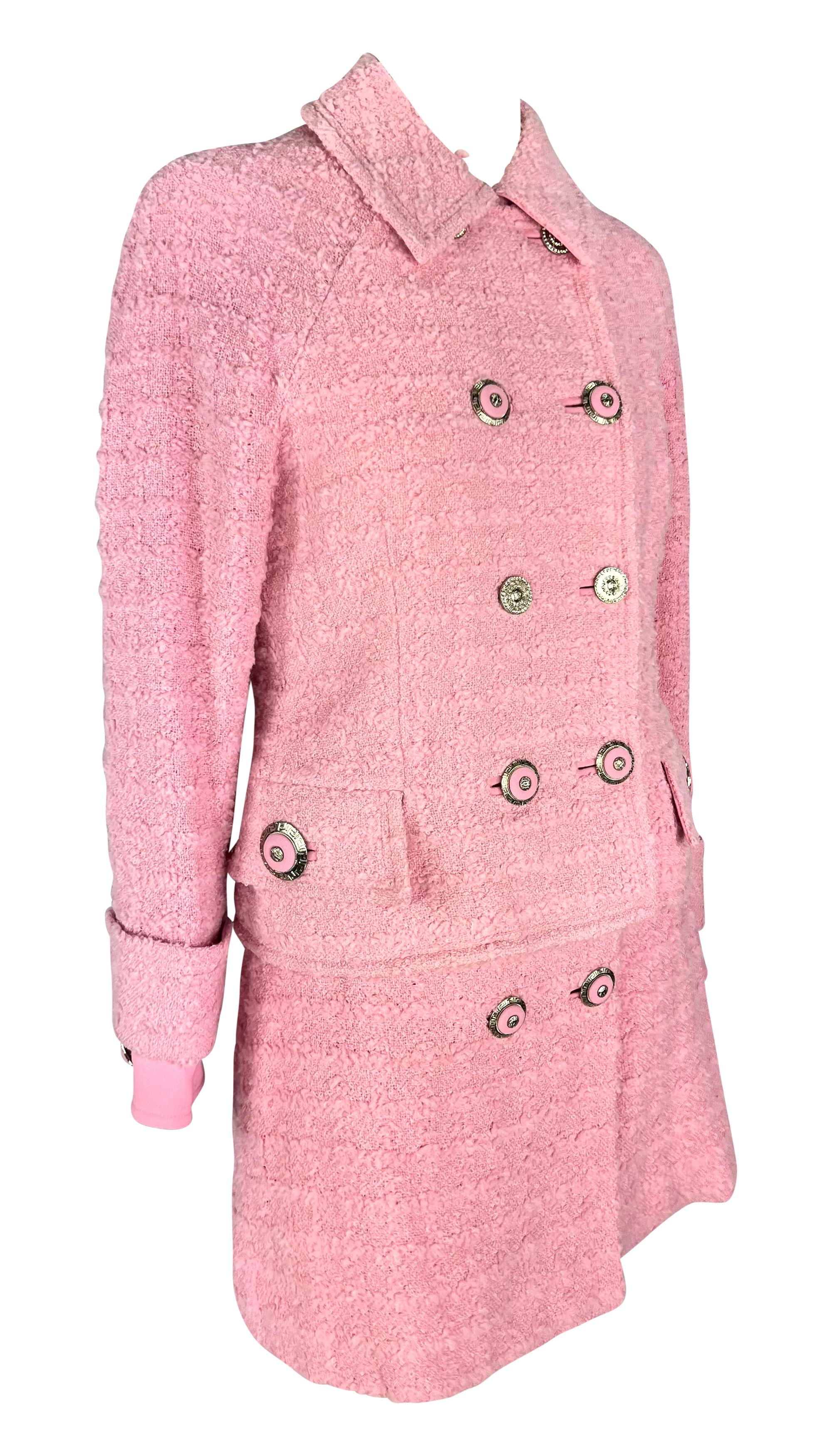 F/W 1994 Gianni Versace Runway Ad Pink Tweed Rhinestone Medusa Skirt Suit For Sale 7