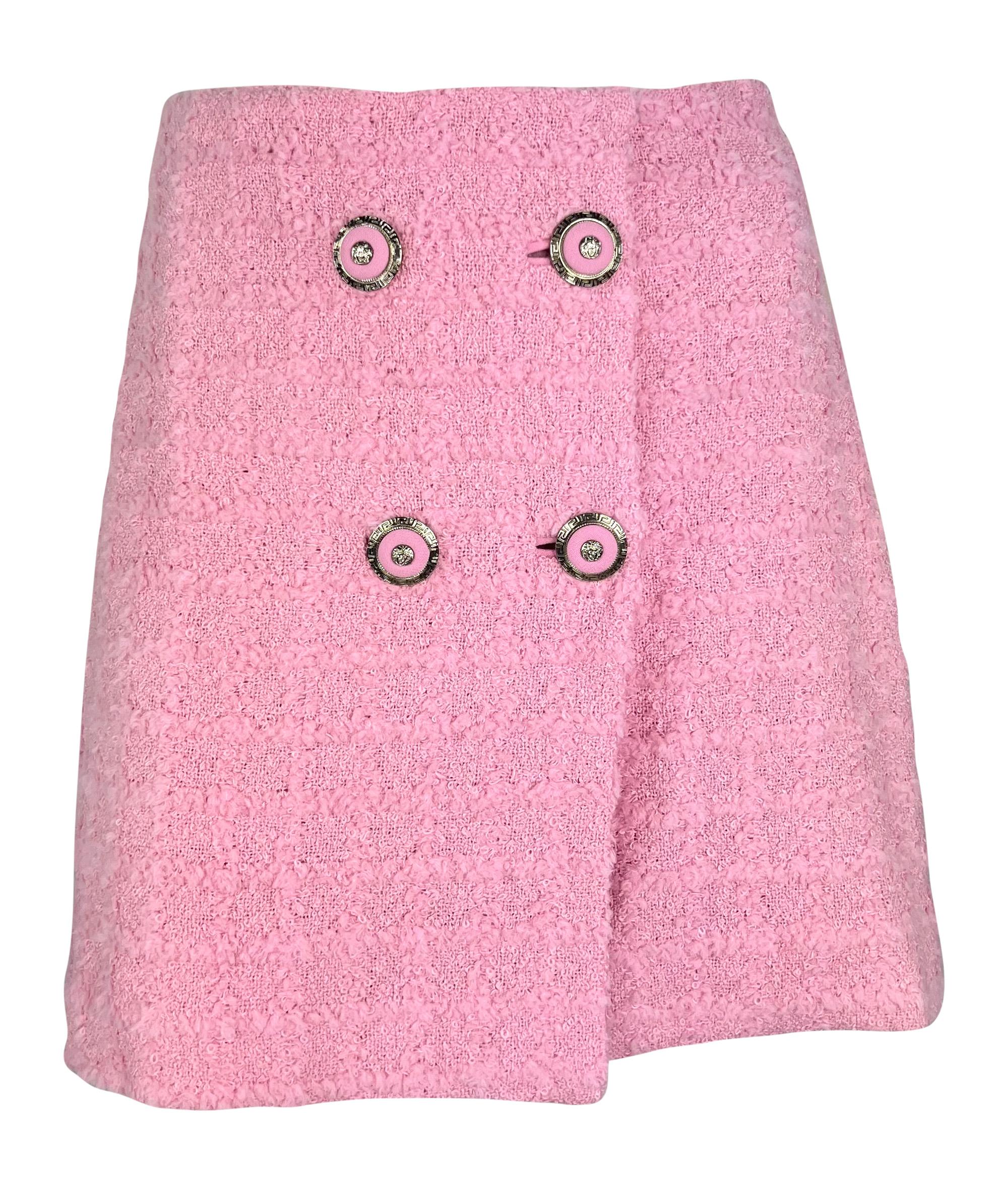 F/W 1994 Gianni Versace Runway Ad Pink Tweed Rhinestone Medusa Skirt Suit For Sale 8