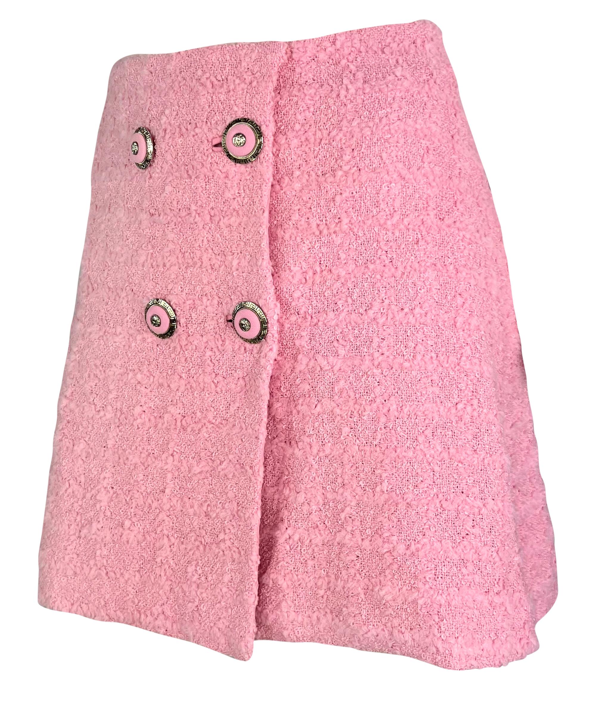 F/W 1994 Gianni Versace Runway Ad Pink Tweed Rhinestone Medusa Skirt Suit For Sale 9