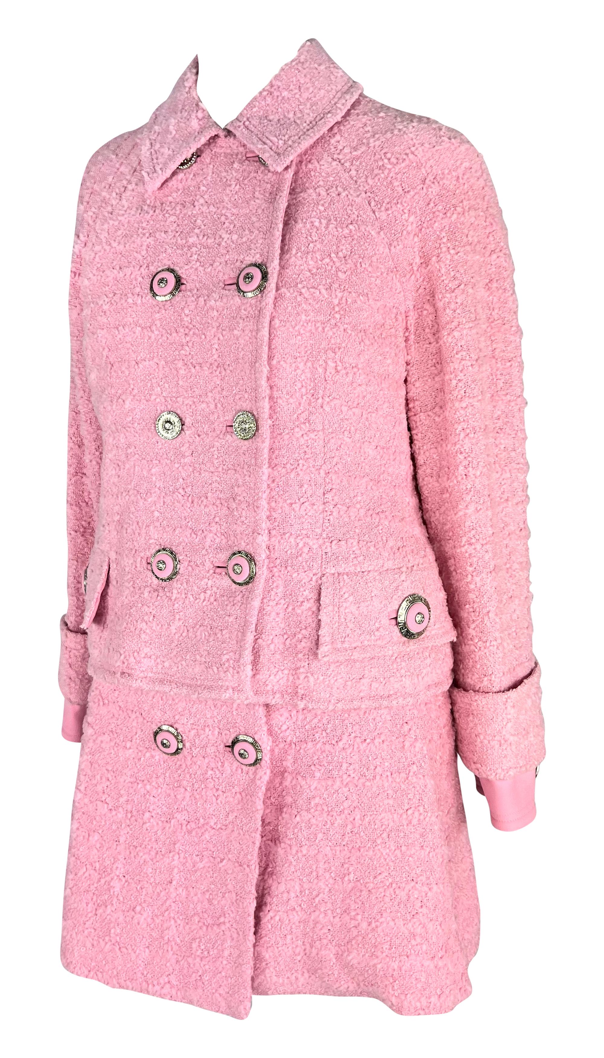 Women's F/W 1994 Gianni Versace Runway Ad Pink Tweed Rhinestone Medusa Skirt Suit For Sale