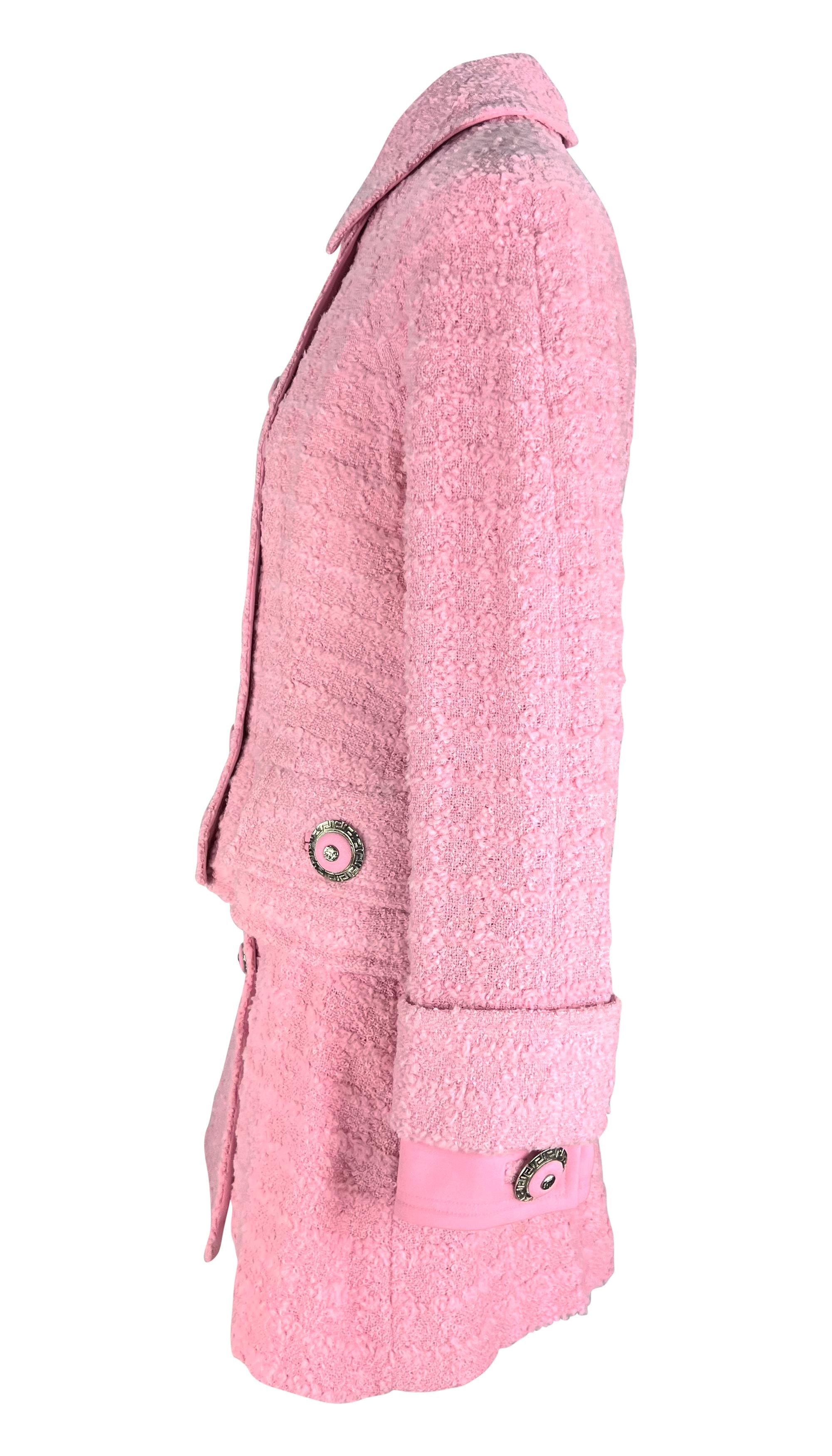 F/W 1994 Gianni Versace Runway Ad Pink Tweed Rhinestone Medusa Skirt Suit For Sale 4