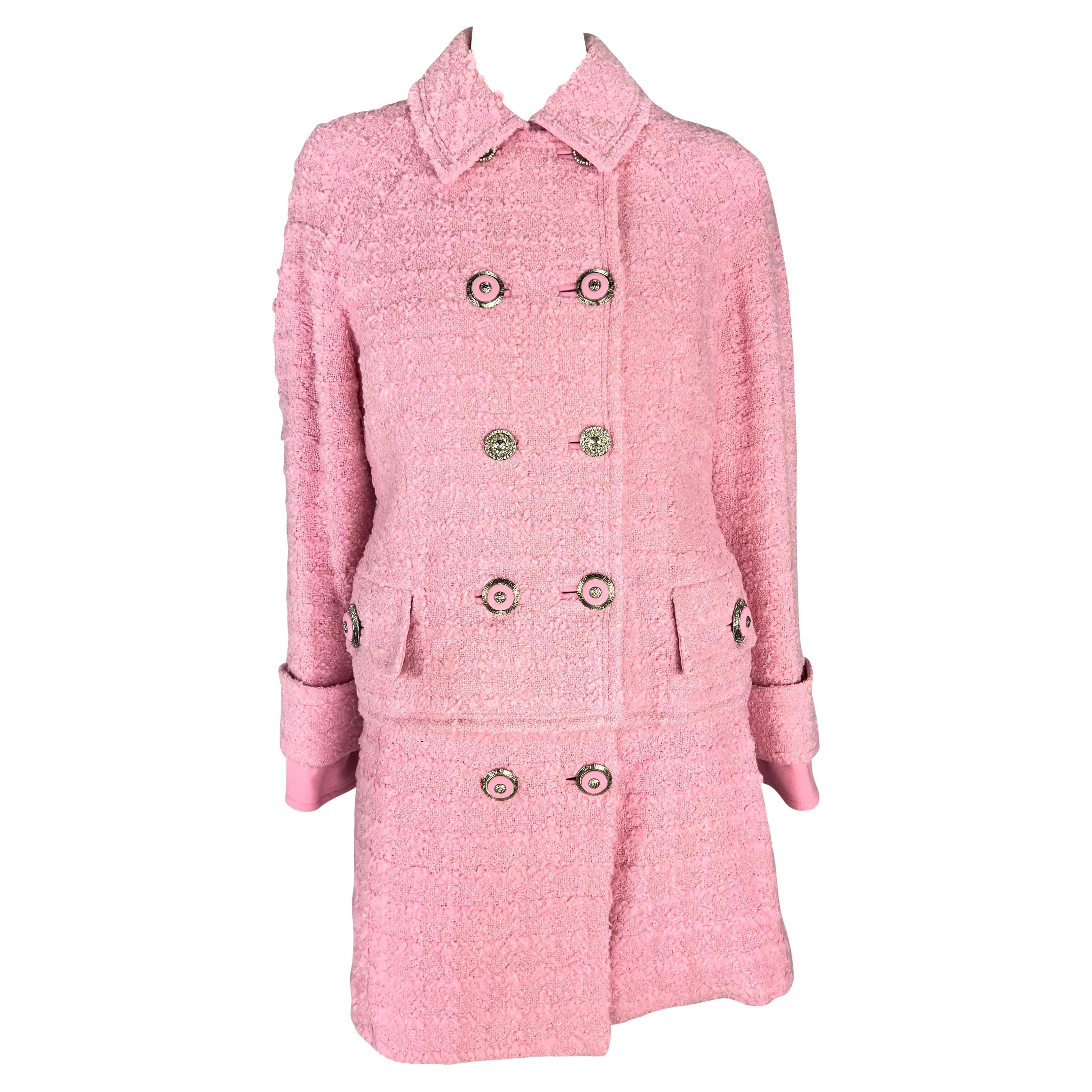 F/W 1994 Gianni Versace Runway Ad Pink Tweed Rhinestone Medusa Skirt Suit For Sale