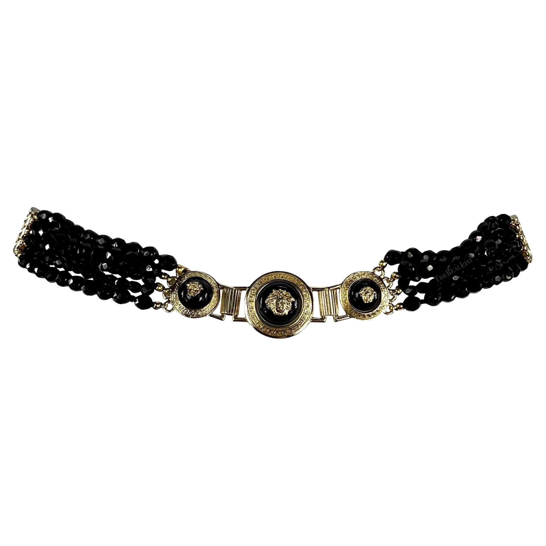 F/W 1994 Gianni Versace Runway Medusa Black Beaded Patent Leather Belt For Sale