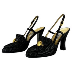 Vintage F/W 1994 Gianni Versace Runway Medusa Black Snakeskin Loafer Sling Pump Size 38