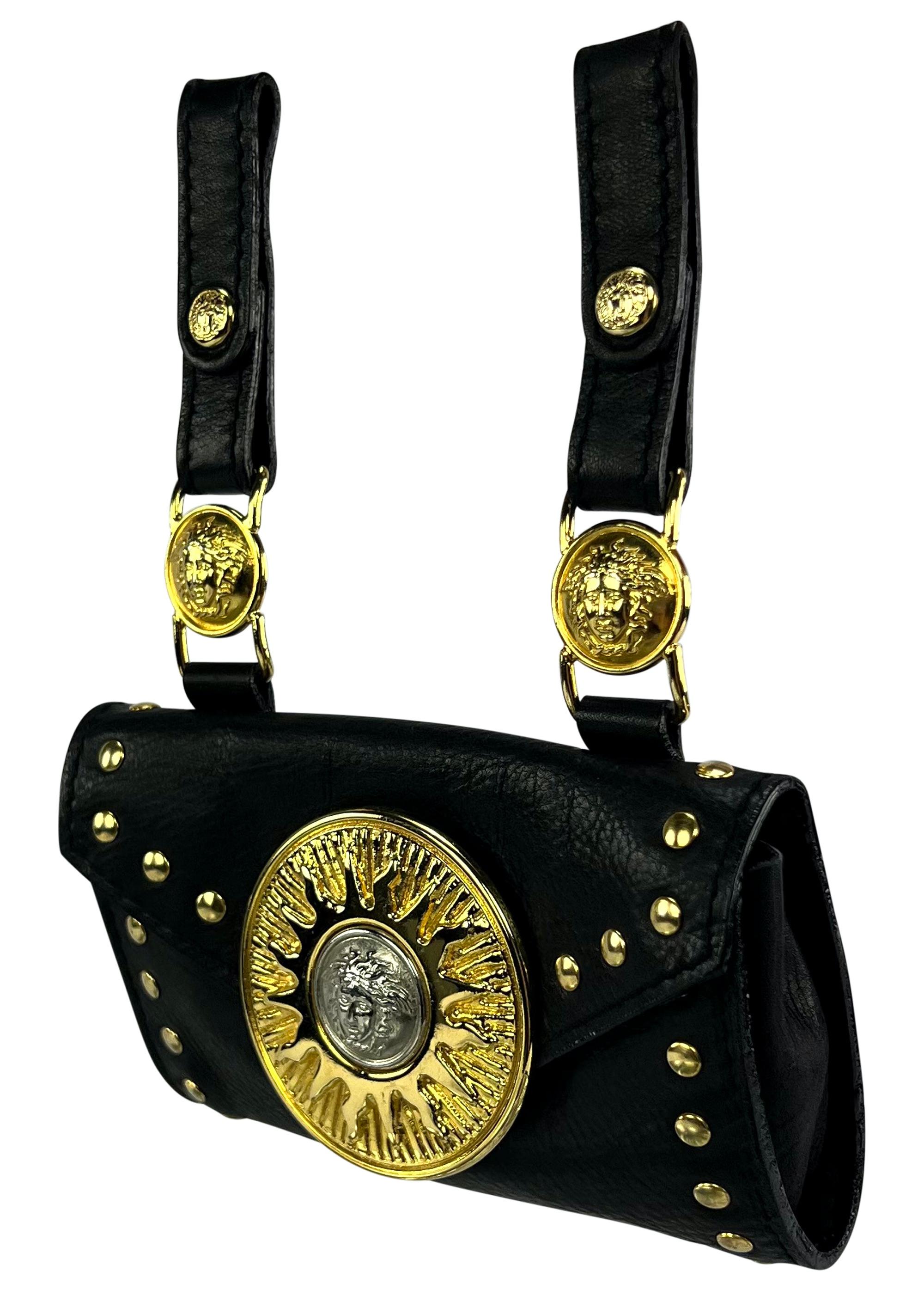 Women's F/W 1994 Gianni Versace Studded Leather Silver Medusa Medallion Mini Belt Bag For Sale