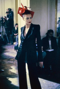 F/W 1994 John Galliano Runway Black Satin Double Breasted Oversized Pantsuit