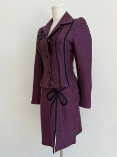John Galliano 1994 Plum Wool Blazer & Skirt Set with Ribbon Appliqué