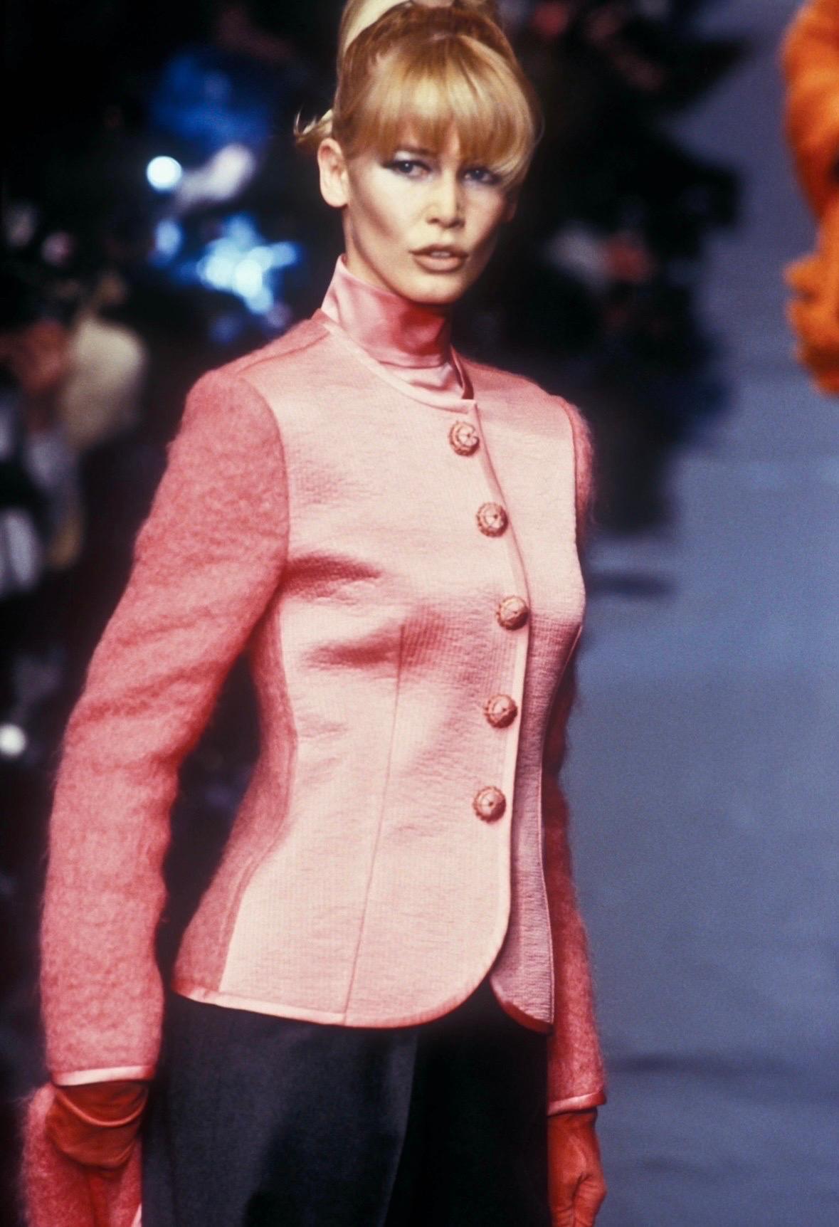 Presenting a fabulous bright pink Christian Dior Boutique jacket designed by Gianfranco Ferré. From the Fall/Winter 1995 collection, this beautiful jacket debuted on the season's runway, modeled by Claudia Schiffer. Crafted of pink mohair and silk