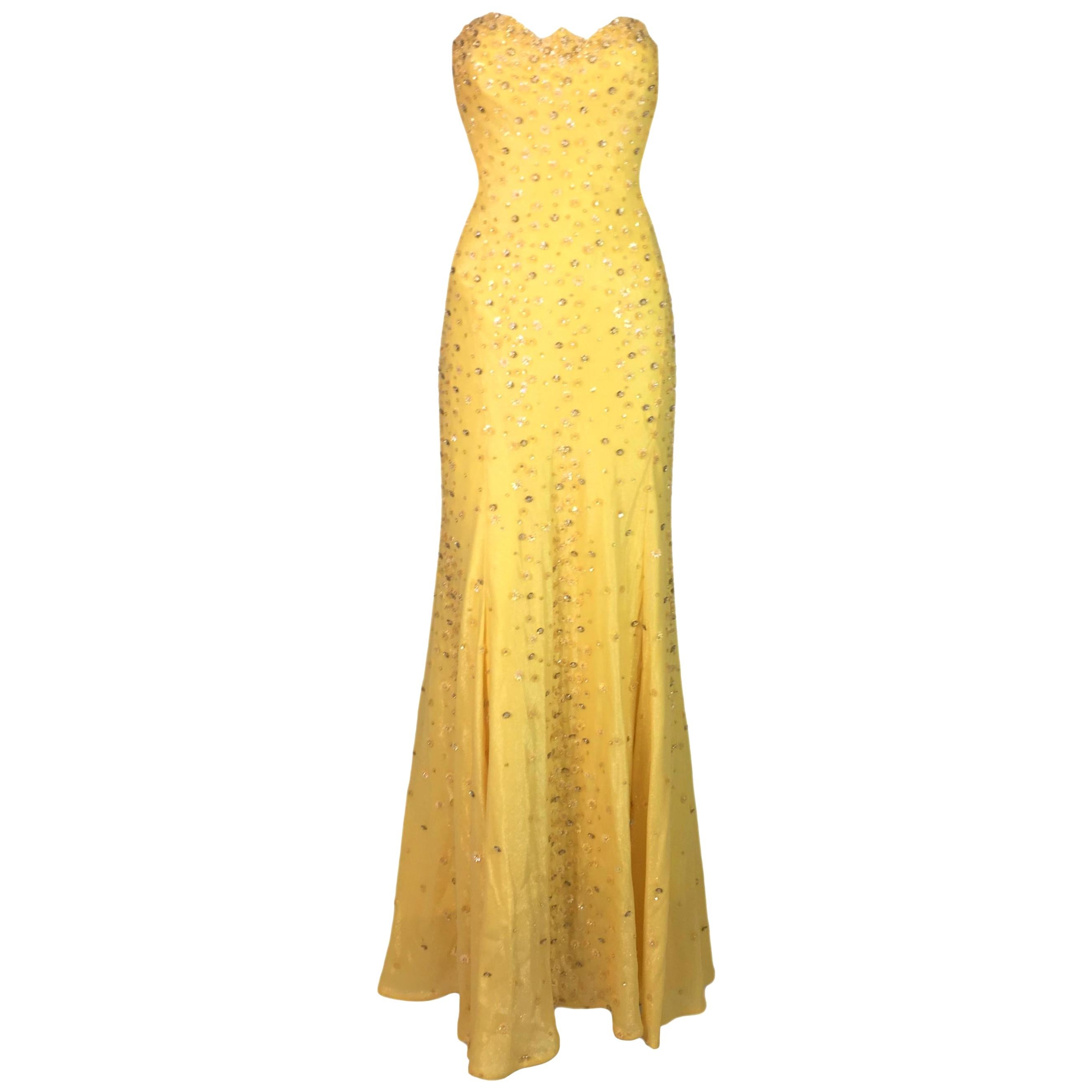 F/W 1995 Documented Gianni Versace Runway Yellow Beaded Strapless Gown  Dress For Sale at 1stDibs | versace 1995 yellow dress