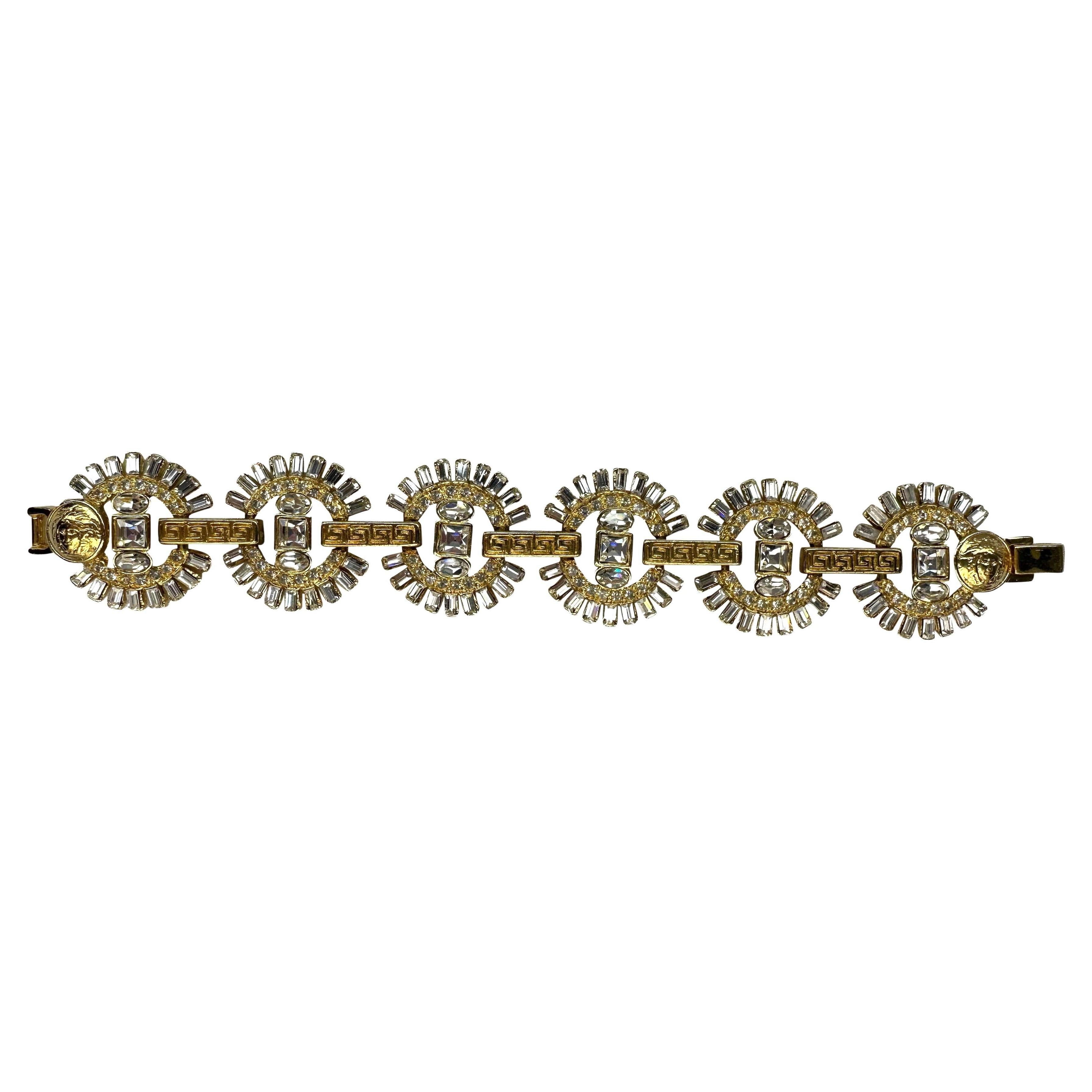 F/W 1995 Gianni Versace Ad Gold Tone Greek Key Link Rhinestone Bracelet For Sale