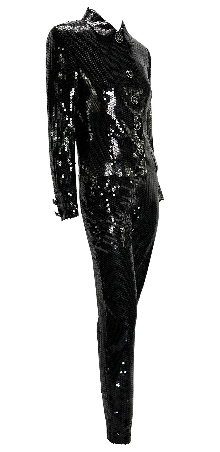 F/W 1995 Gianni Versace Couture Black Sequin Medusa Button Pant Suit For Sale 6