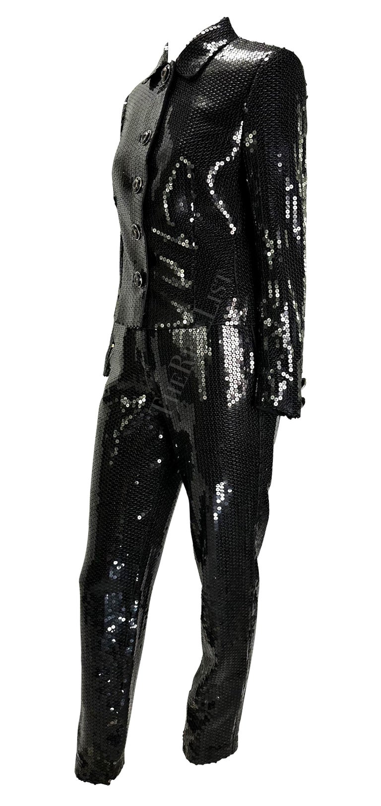 F/W 1995 Gianni Versace Couture Black Sequin Medusa Button Pant Suit In Excellent Condition For Sale In Philadelphia, PA