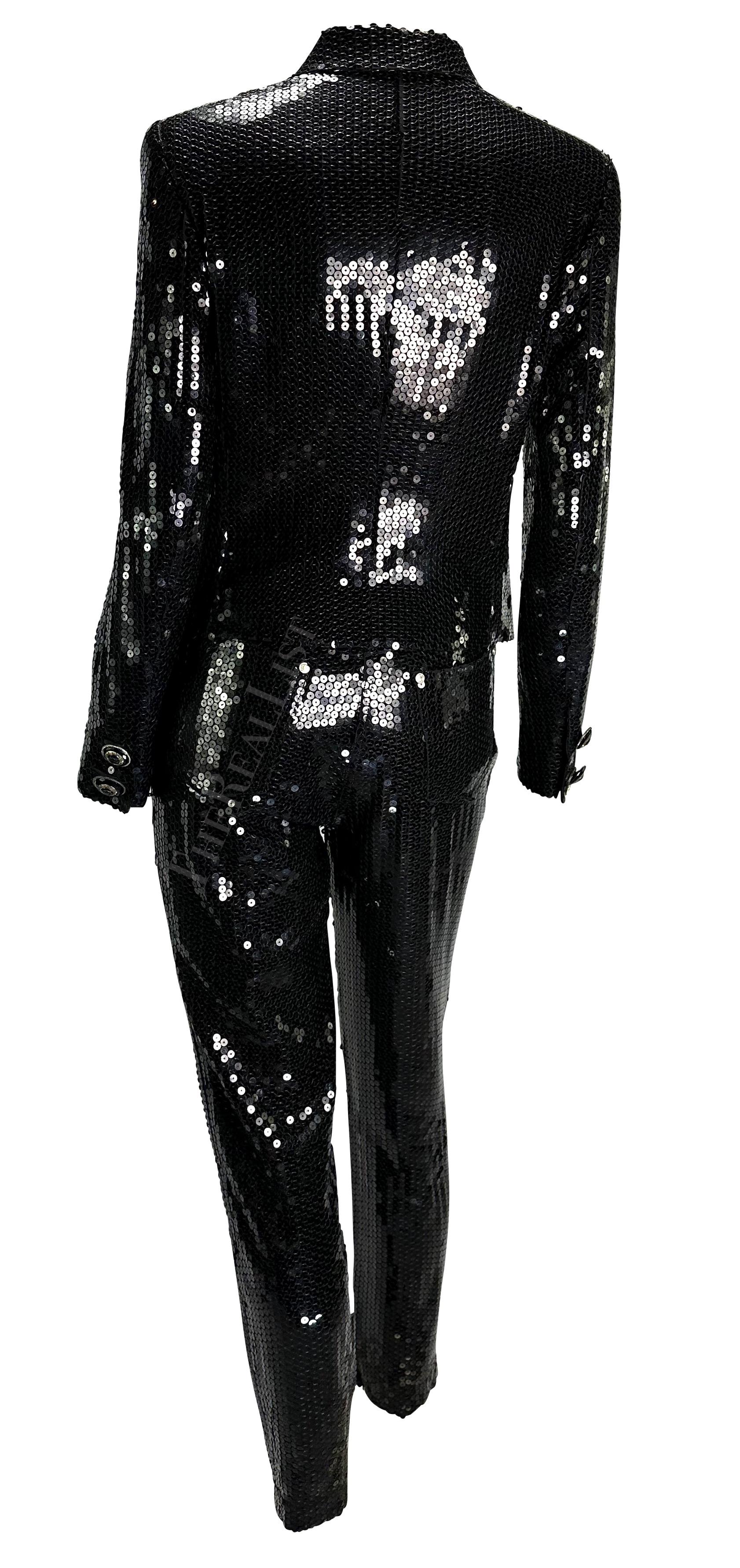 Women's F/W 1995 Gianni Versace Couture Black Sequin Medusa Button Pant Suit For Sale