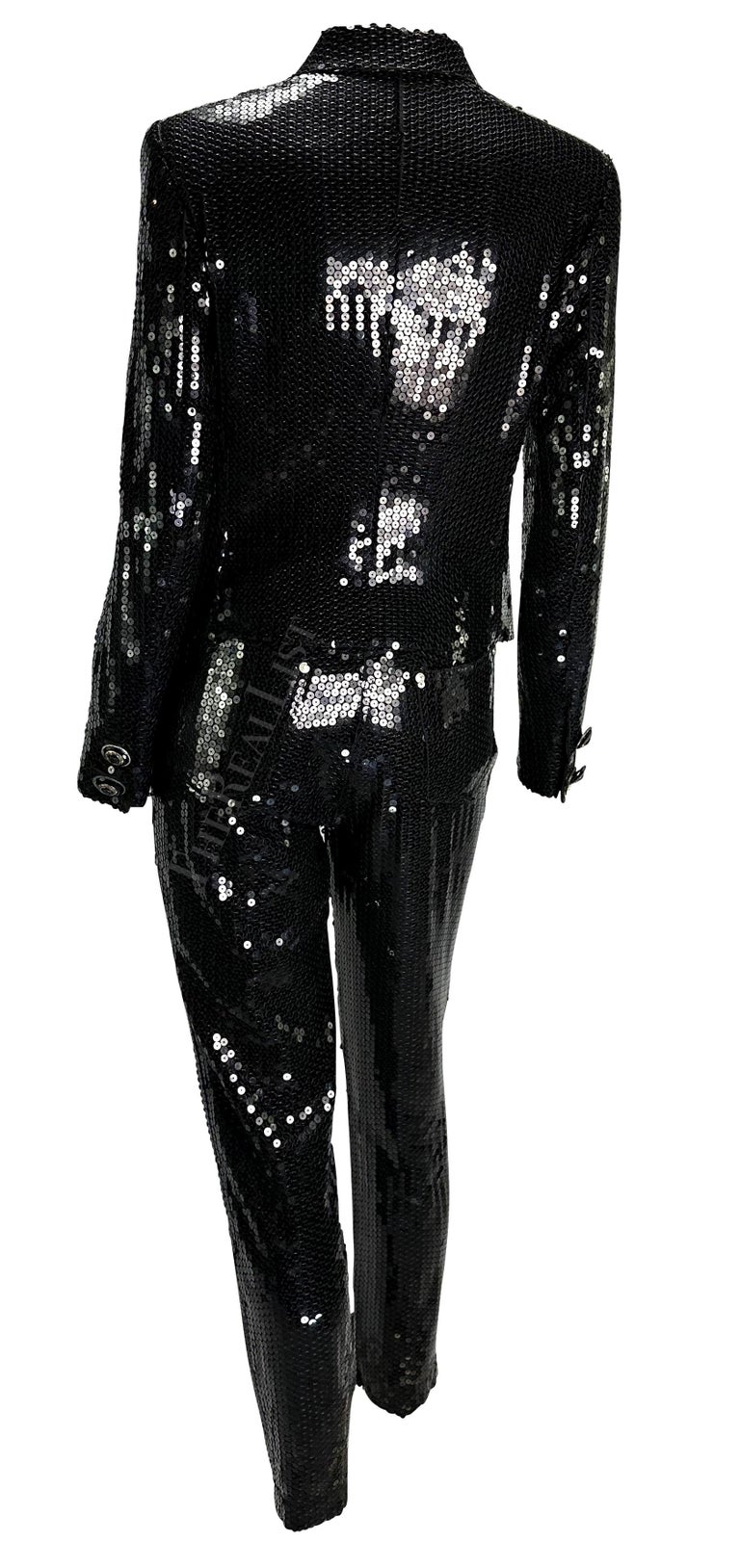 F/W 1995 Gianni Versace Couture Black Sequin Medusa Button Pant Suit For Sale 1