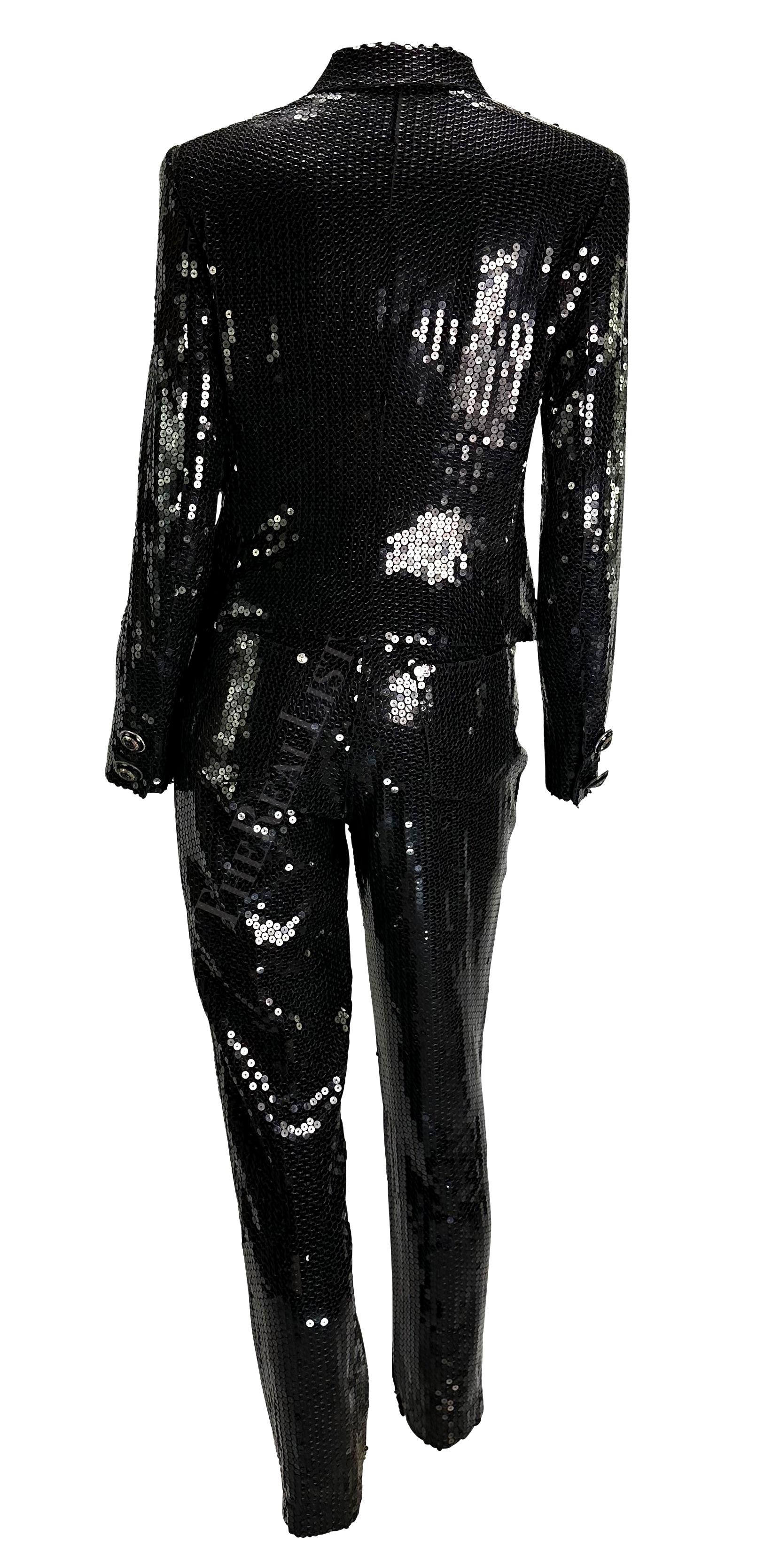 F/W 1995 Gianni Versace Couture Black Sequin Medusa Button Pant Suit For Sale 1