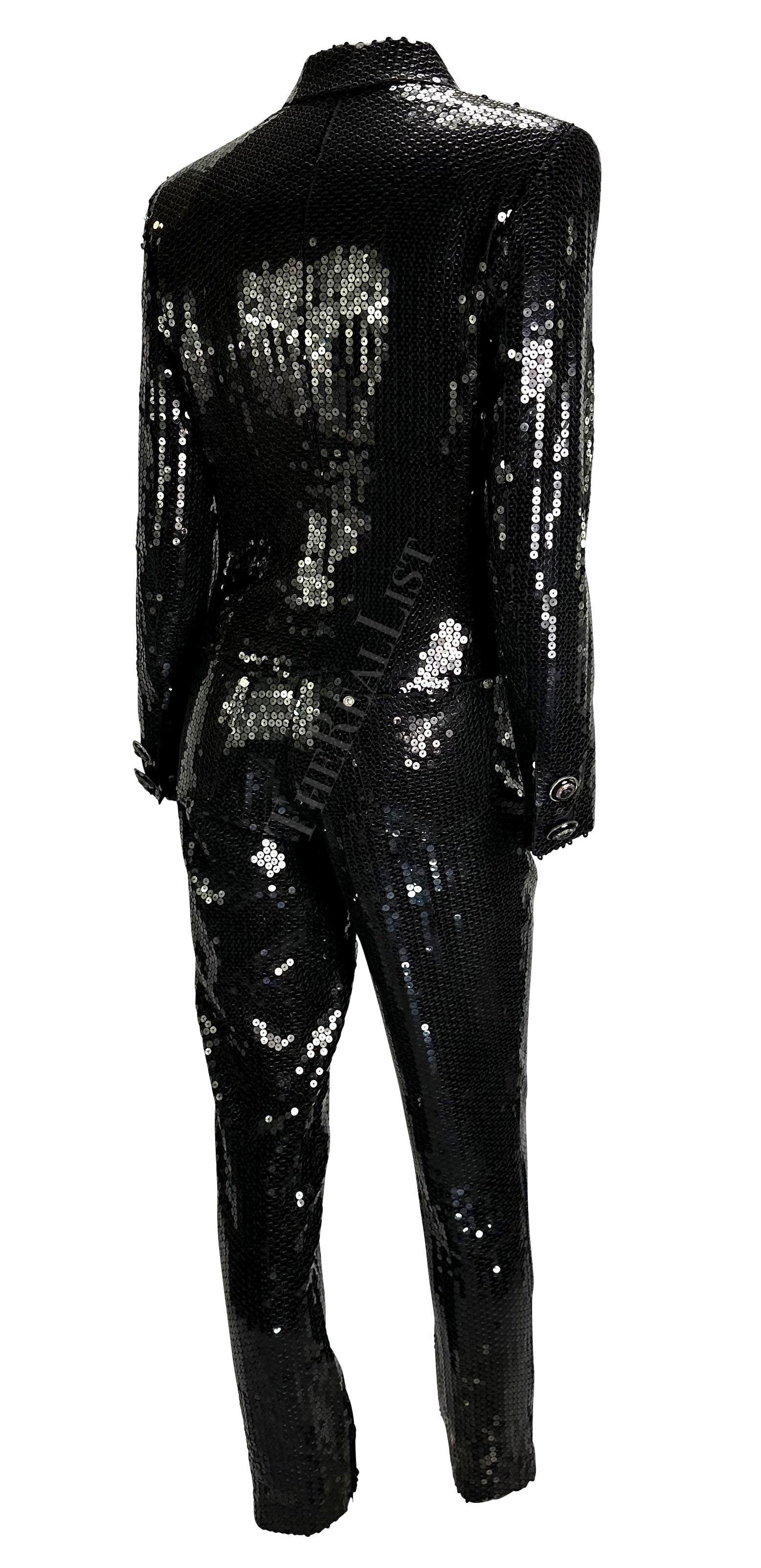 F/W 1995 Gianni Versace Couture Black Sequin Medusa Button Pant Suit For Sale 2