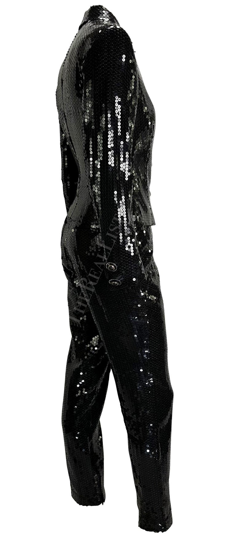 F/W 1995 Gianni Versace Couture Black Sequin Medusa Button Pant Suit For Sale 5
