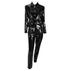 Vintage F/W 1995 Gianni Versace Couture Black Sequin Medusa Button Pant Suit