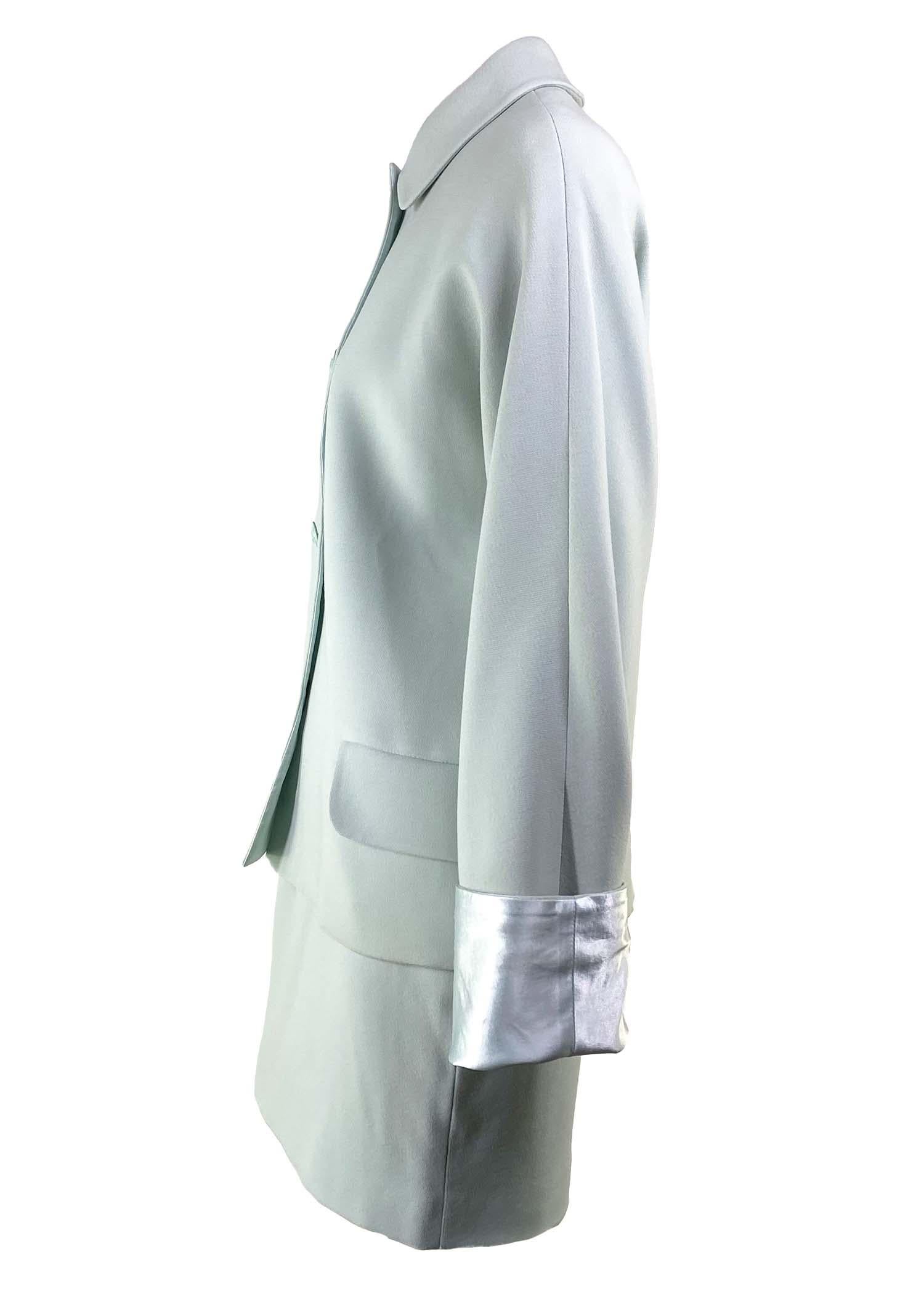 Gray F/W 1995 Gianni Versace Couture Runway Medusa Light Blue Wool Satin Skirt Suit For Sale