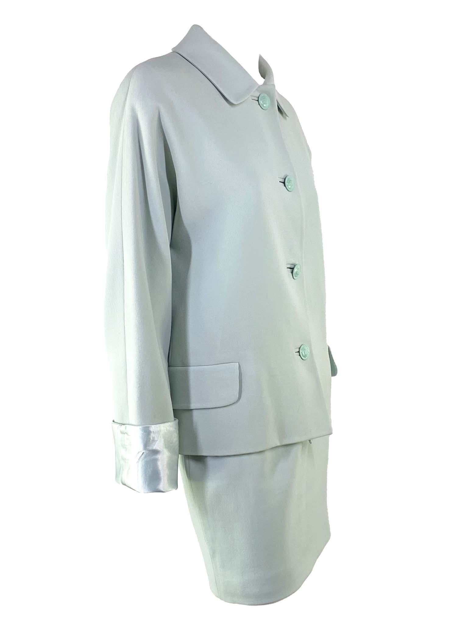 F/W 1995 Gianni Versace Couture Runway Medusa Light Blue Wool Satin Skirt Suit For Sale 1
