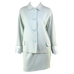 Retro F/W 1995 Gianni Versace Couture Runway Medusa Light Blue Wool Satin Skirt Suit