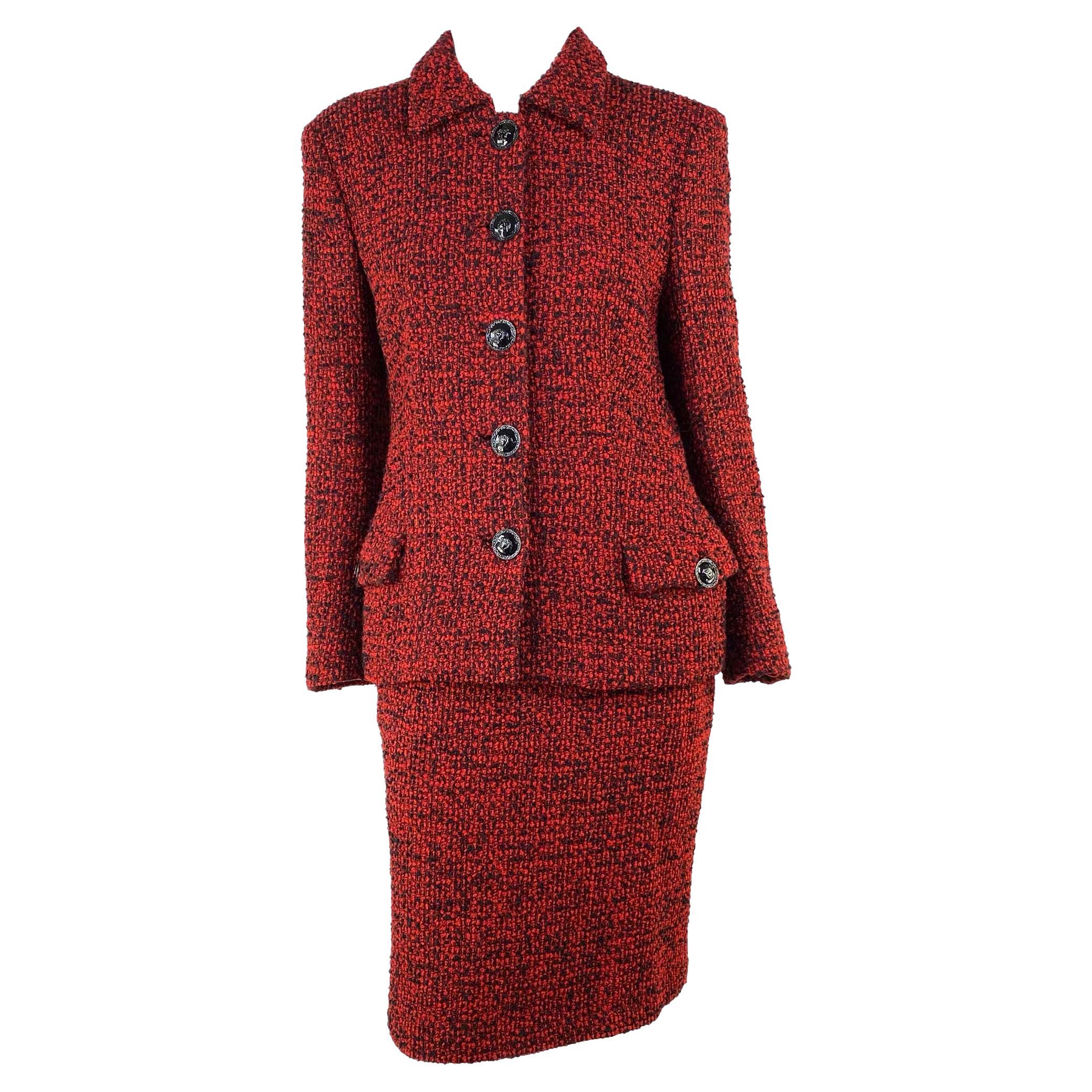 F/W 1995 Gianni Versace Couture Runway Red Bouclé Tweed Skirt Suit Documented 