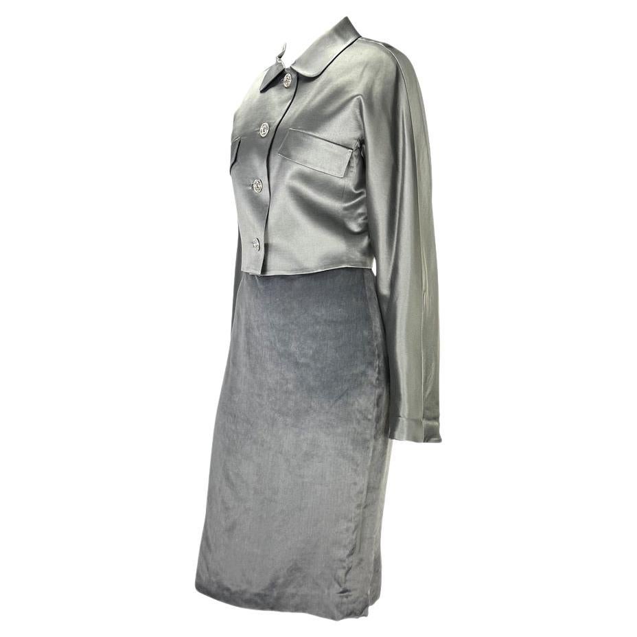 F/W 1995 Gianni Versace Runway Grey Satin Velvet Dress Rhinestone Jacket Set For Sale 8