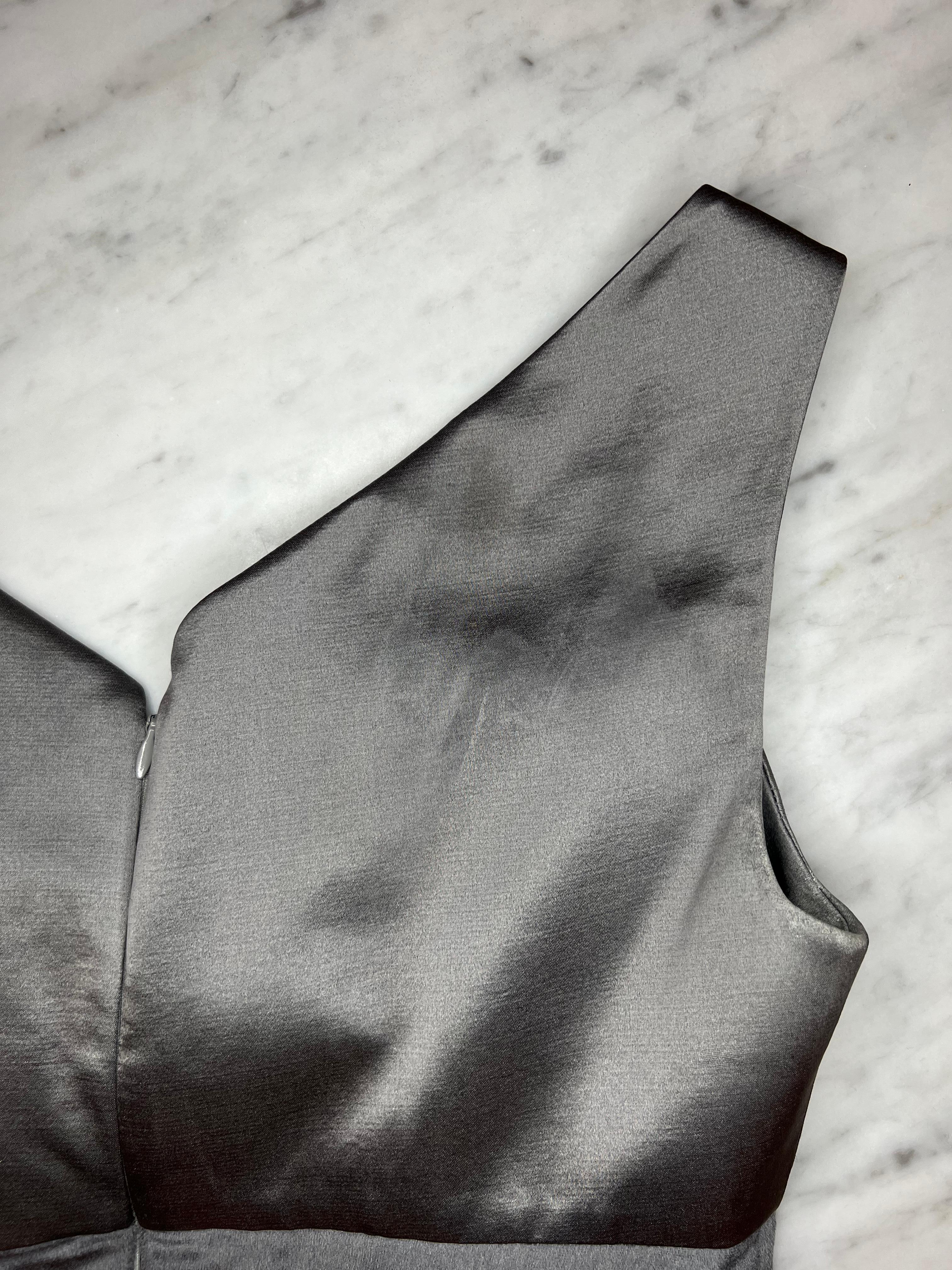 F/W 1995 Gianni Versace Runway Grey Satin Velvet Dress Rhinestone Jacket Set  For Sale 10