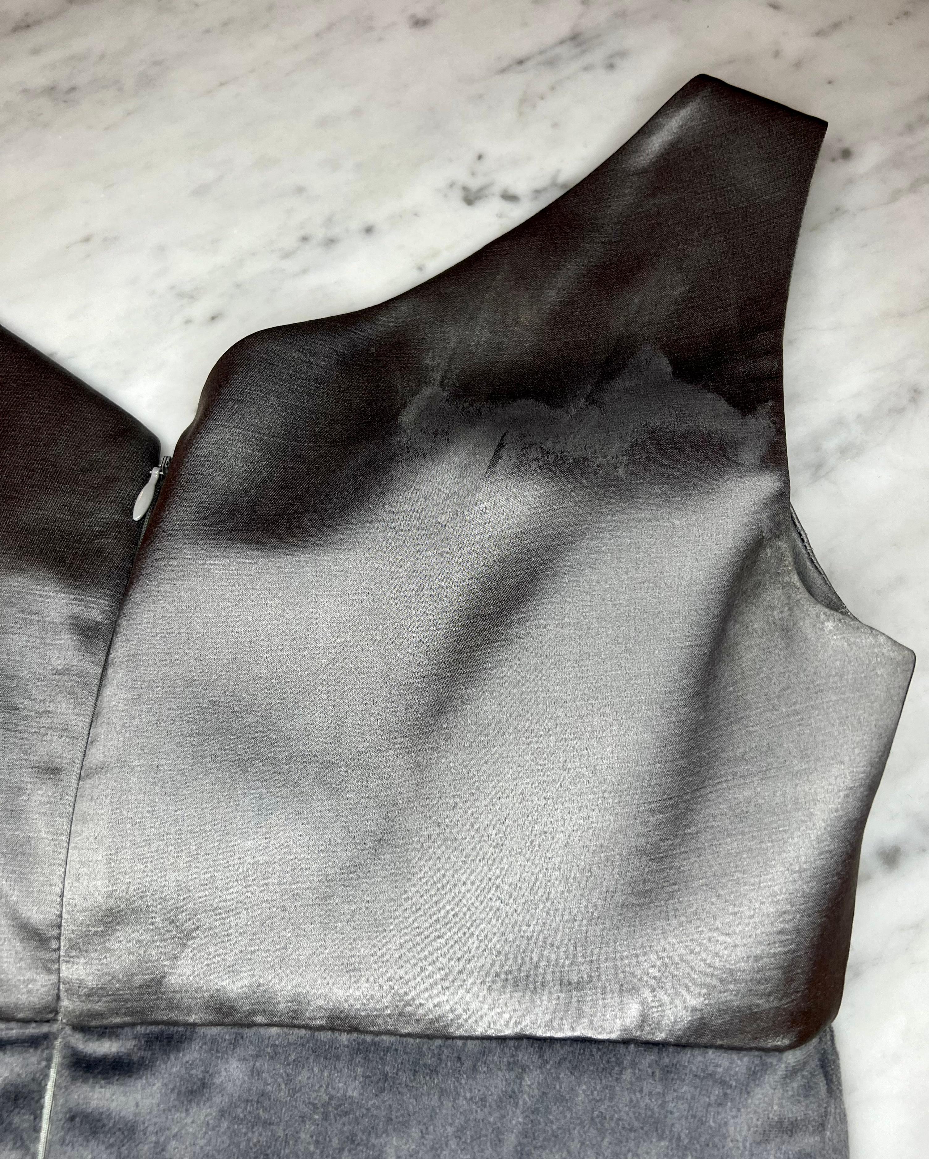 F/W 1995 Gianni Versace Runway Grey Satin Velvet Dress Rhinestone Jacket Set  For Sale 11