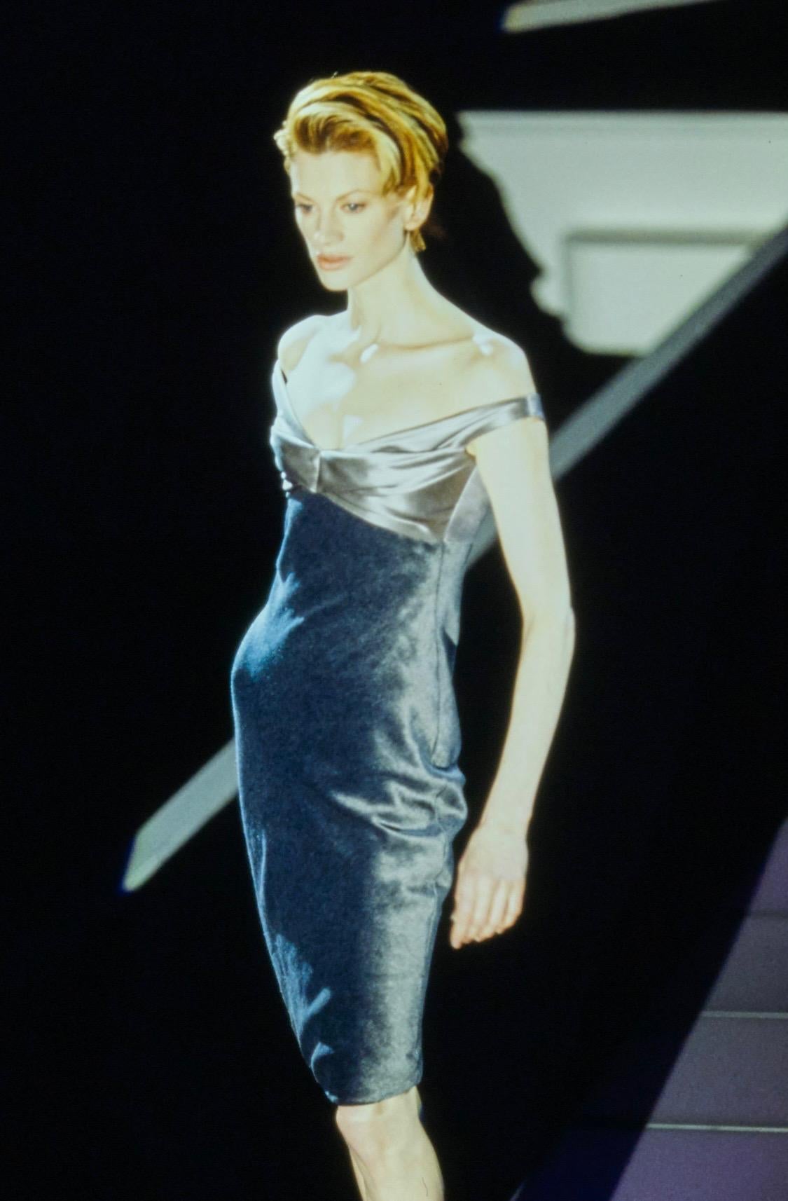 F/W 1995 Gianni Versace Runway Grey Satin Velvet Dress Rhinestone Jacket Set  For Sale 1