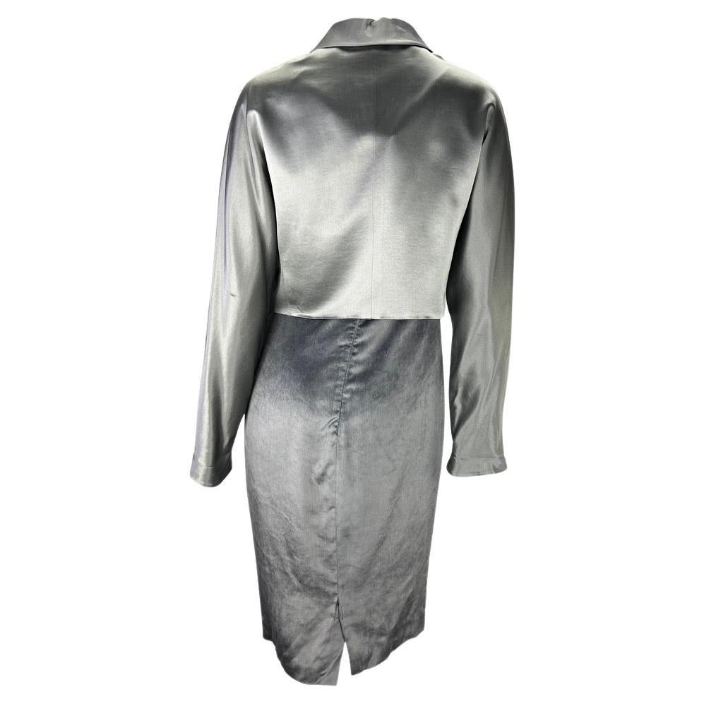 F/W 1995 Gianni Versace Runway Grey Satin Velvet Dress Rhinestone Jacket Set  For Sale 4