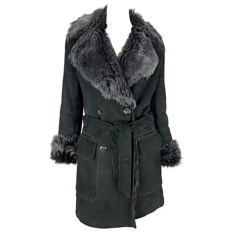 H/W 1995 Gucci by Tom Ford Zweireihige Jacke aus schwarzem Wildleder mit Pelz