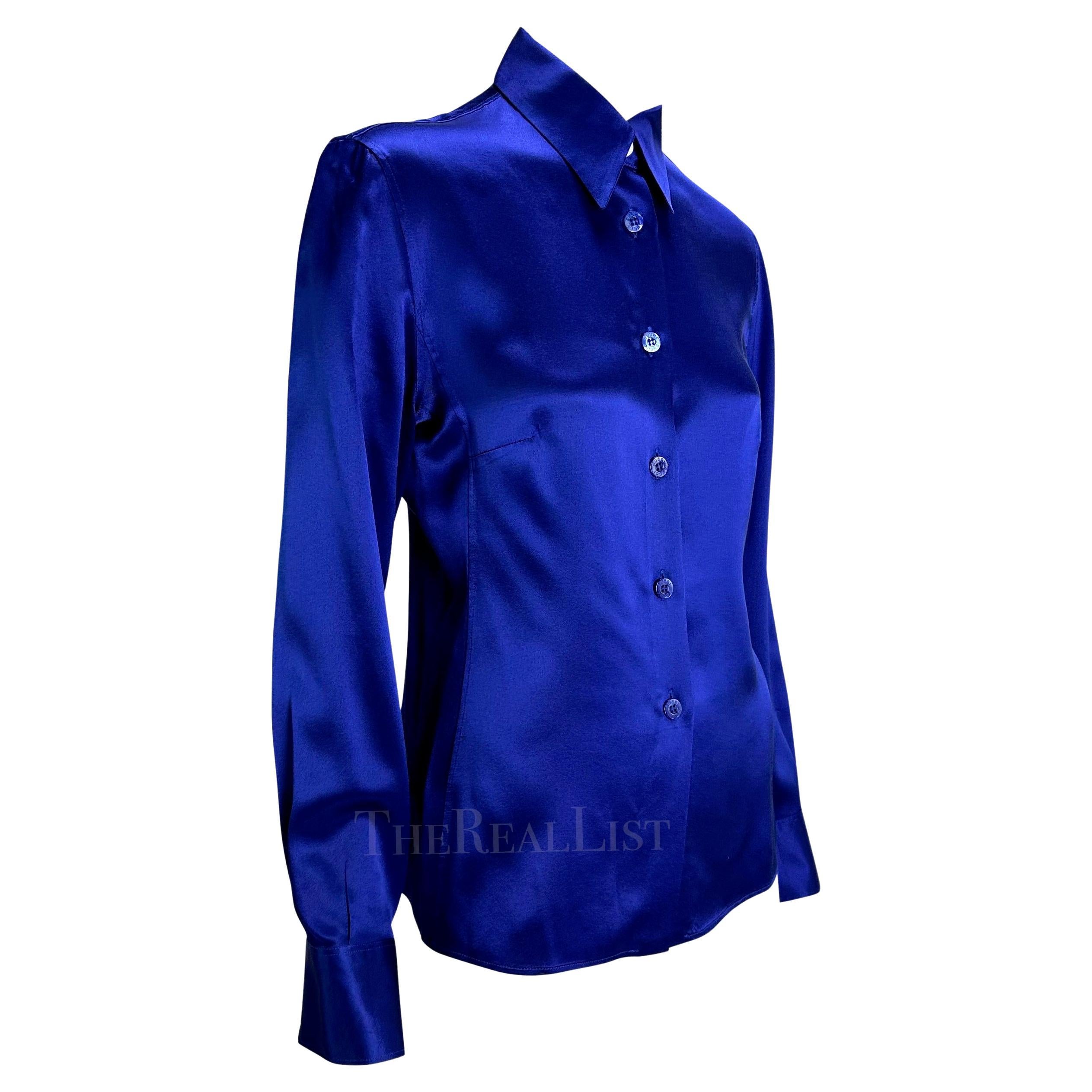 F/W 1995 Gucci by Tom Ford Blue Silk Satin Madonna Runway Button Down Shirt For Sale 4