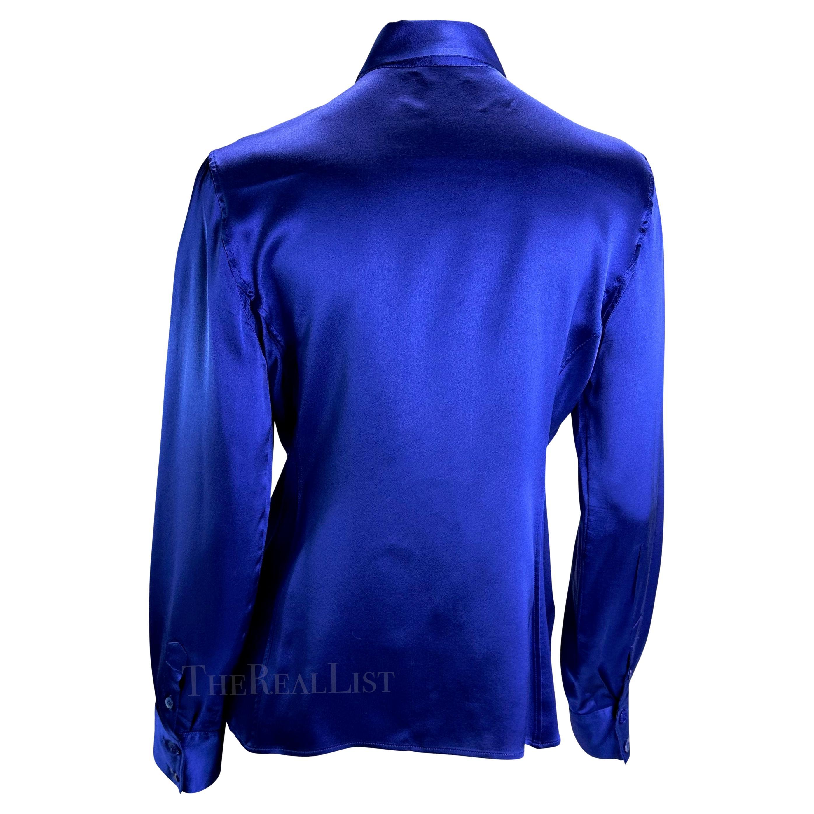 Women's F/W 1995 Gucci by Tom Ford Blue Silk Satin Madonna Runway Button Down Shirt