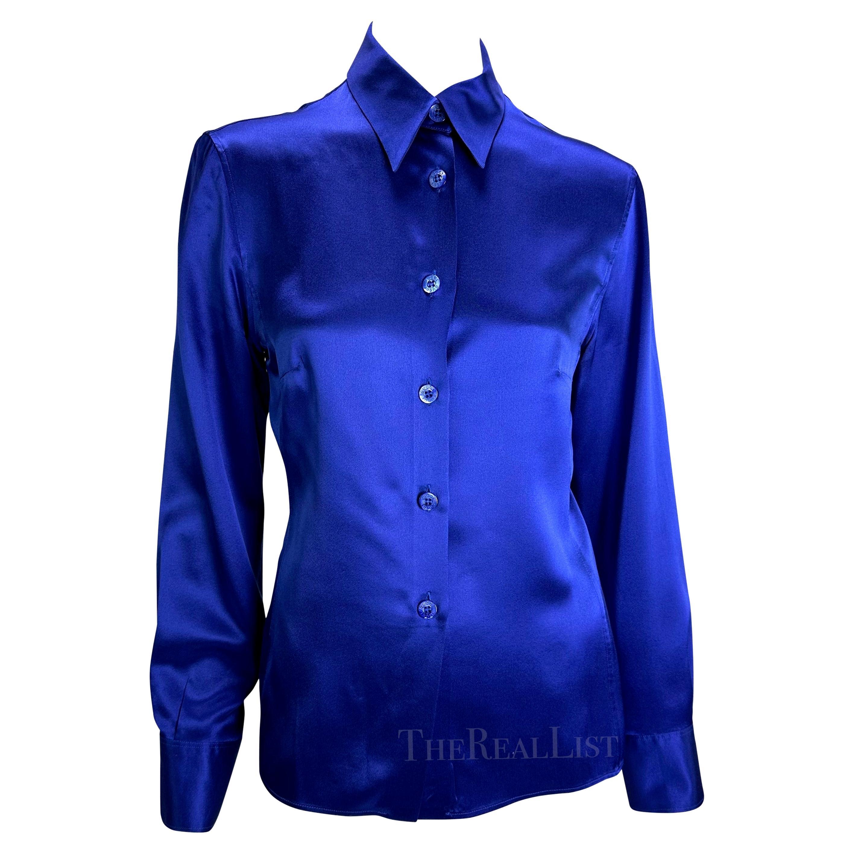 F/W 1995 Gucci by Tom Ford Blue Silk Satin Madonna Runway Button Down Shirt For Sale