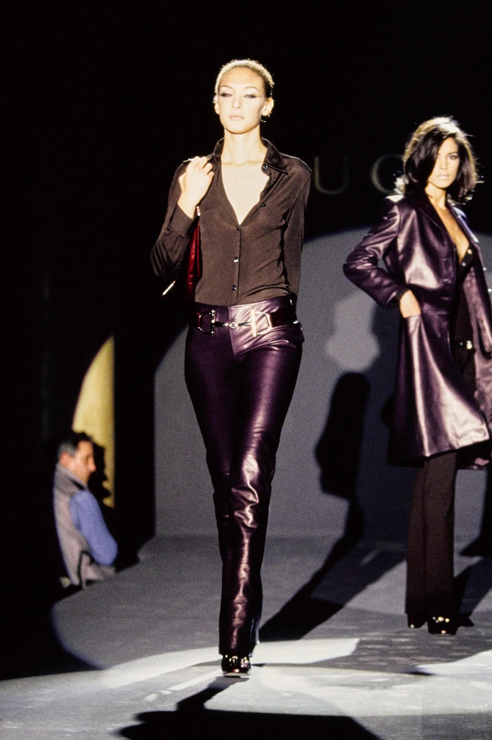 Presenting a stunning red patent leather Gucci belt, designed by Tom Ford. From the Fall/Winter 1995 collection, the larger version of this belt debuted on the season's runway, as part of look 41, modeled by Chrystèle Saint Louis Augustin. A Ford